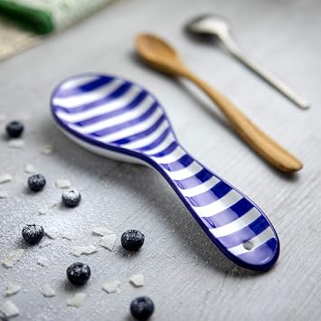 City to Cottage Navy Blue Striped Handmade Hand Painted Ceramic Kitchen Cooking Spoon Rest Utensil Holder