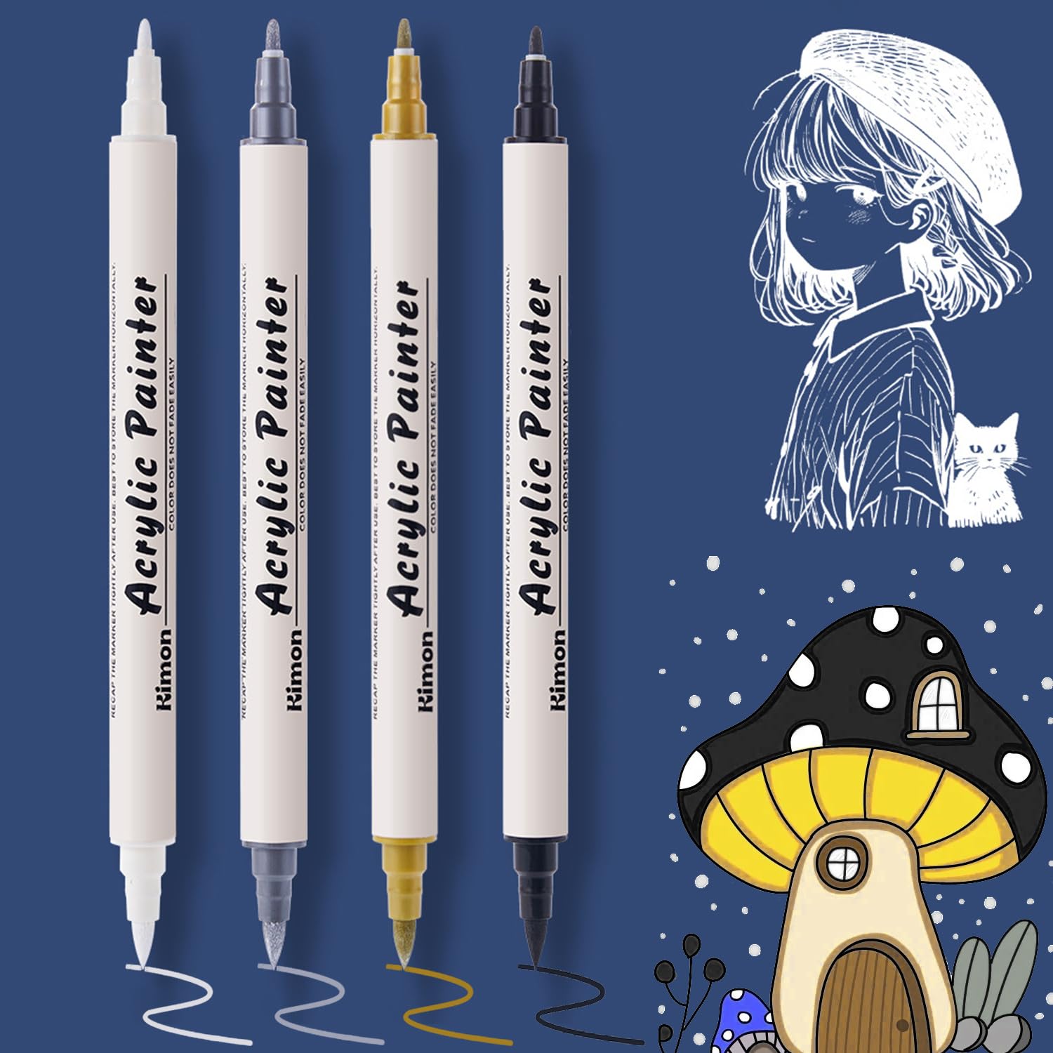 DomoJoy White Gel Pen, Black Gold and Silver Pens, 4Pack Dual-tip Felt tip pens, 1.0mm/3.0mm BR Soft Tip, Acrylic marker for Fineliner Art, Highlight Permanent Ink, Sketching, Scrapbook, Marking