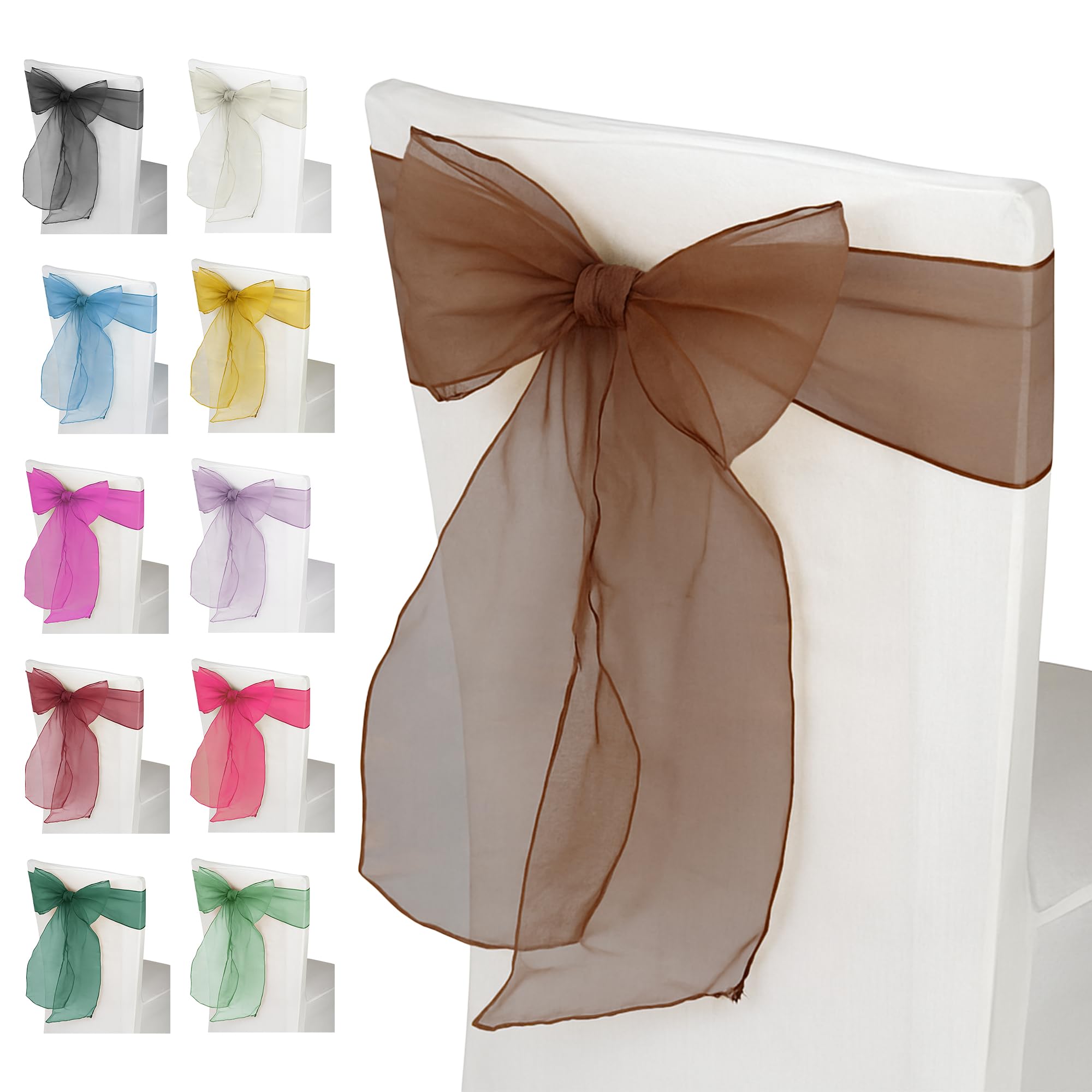 Trimming Shop Organza Chair Sashes - Chocolate Brown - Sheer Sash Ties, 17x280cm Reusable Organza Fabric Seat Bows for Wedding Chairs, Proms, Dining Table Styling & Event Decorations, 50pcs โ image 1
