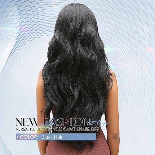 Miniatura 4 de Allbell Pelucas negras onduladas con flequillo para mujer, peluca larga y rizada negra con flequillo, peluca sintética