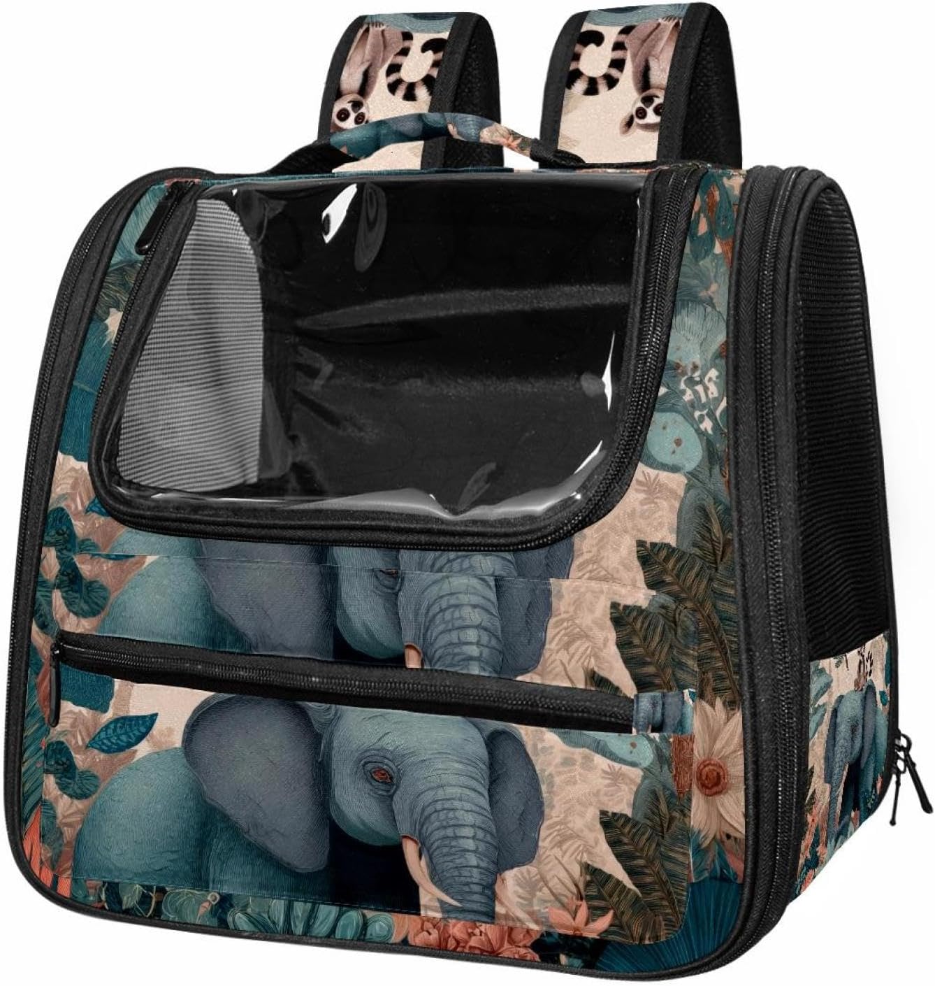 Cat Backpack Carrier for Small Dogs Cats, Soft-Sided Pet Carrier Backpack with Ventilated Mesh Windows and Safety Leash, an Cute Elephant Surrounded by Tropical Plants and Dragonfly