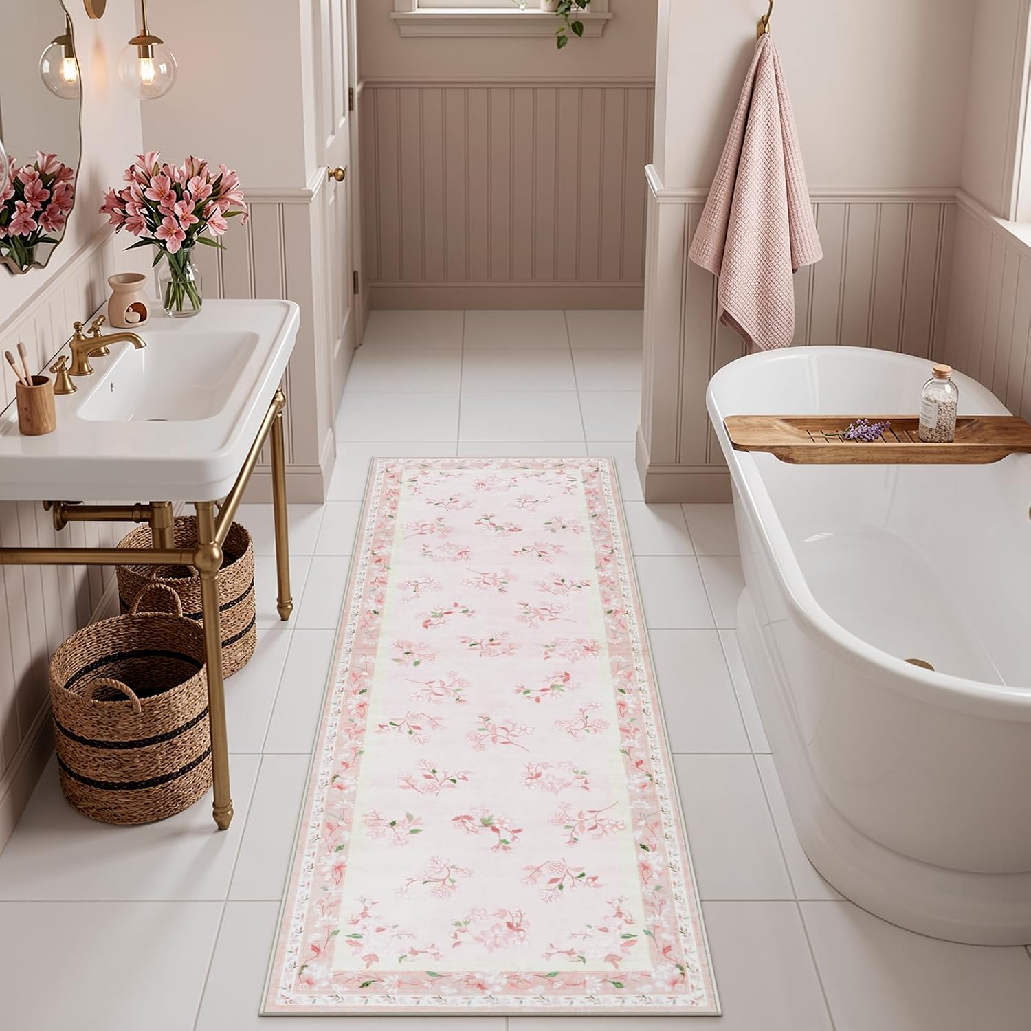 LIVEBOX Floral Girls Rugs for Bedroom, 2 x 6 Washable Nursery Runner Rug, Non Slip Boho Pink Area Rug Soft Runners for Bathroom, Ultra Thin Flower Indoor Carpet Runner for Kitchen, Pink