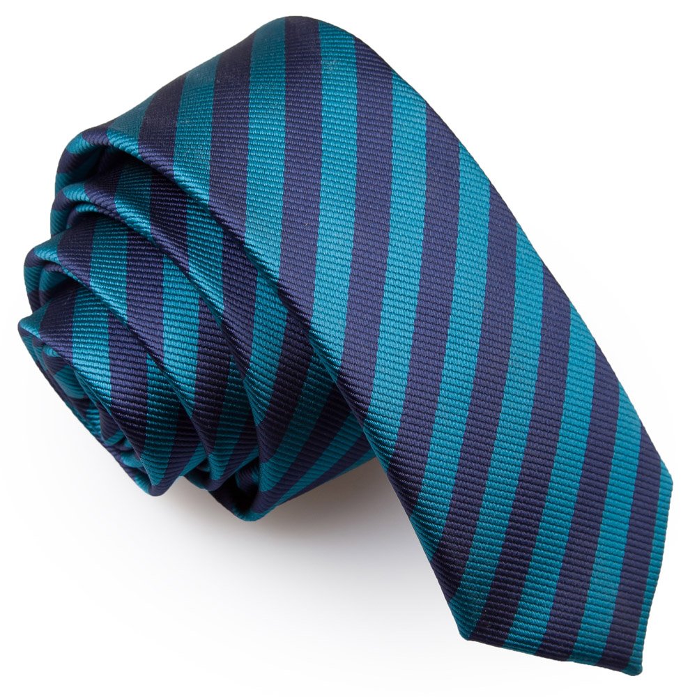 DQT Mens Thin Stripe Tie - 5cm Slim Skinny Necktie for Wedding, Business & Formal Wear - Navy Blue and Teal