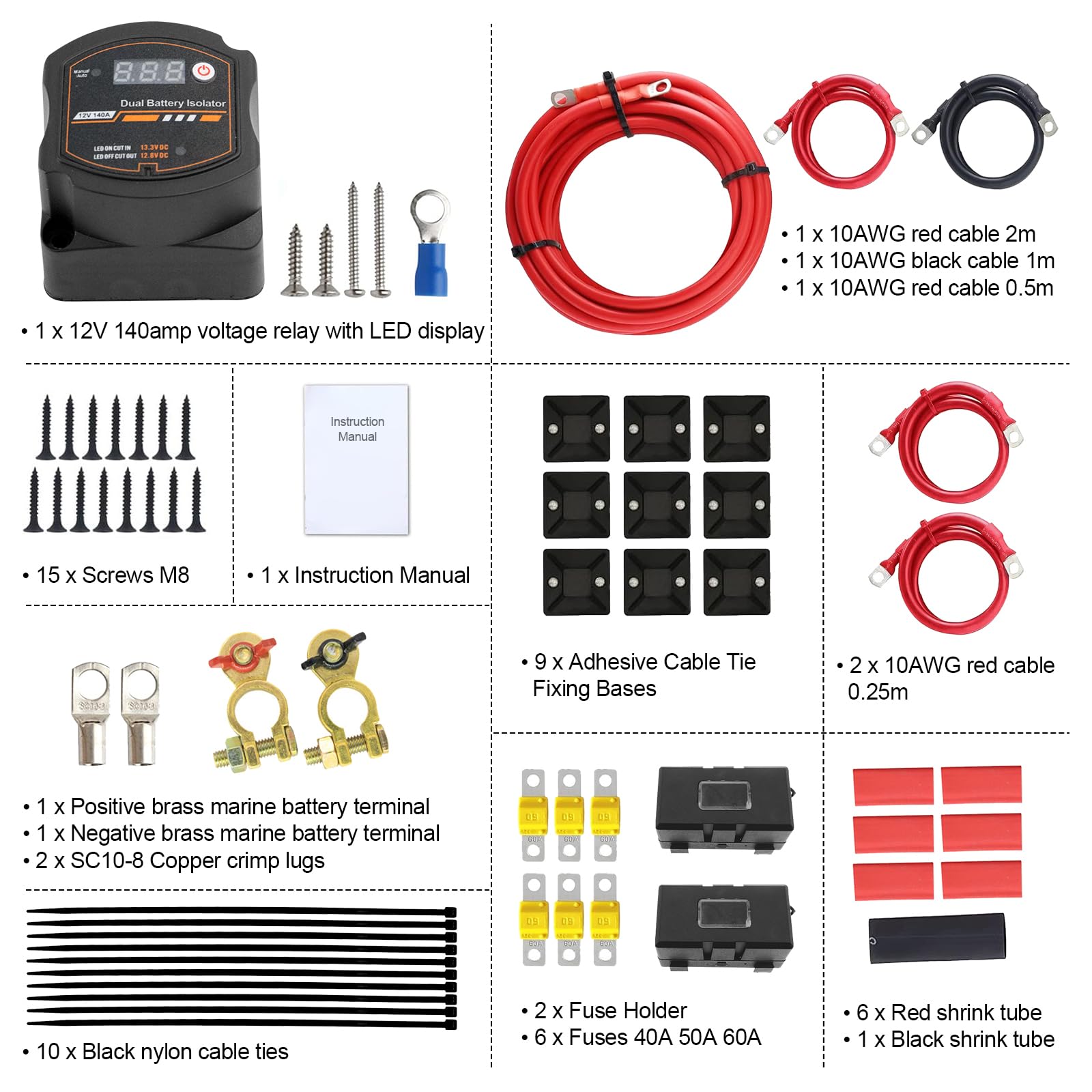 Kit rele di carica diviso con display a LED, parallelatore batteria 12v camper, kit isolatore intelligente doppia batteria 12V 140A, kit relè sensibile alla tensione, per auto, roulotte, camper