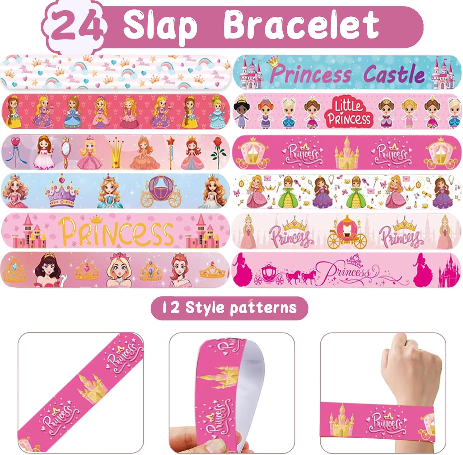 84 pcs Princess Birthday Party Supplies Favors, 24PCS Slap Bracelets and 60PCS Pre-Cut Temporary Tattoos, Goodie Bag Stuffers, Princess Celebrations Party Supplies