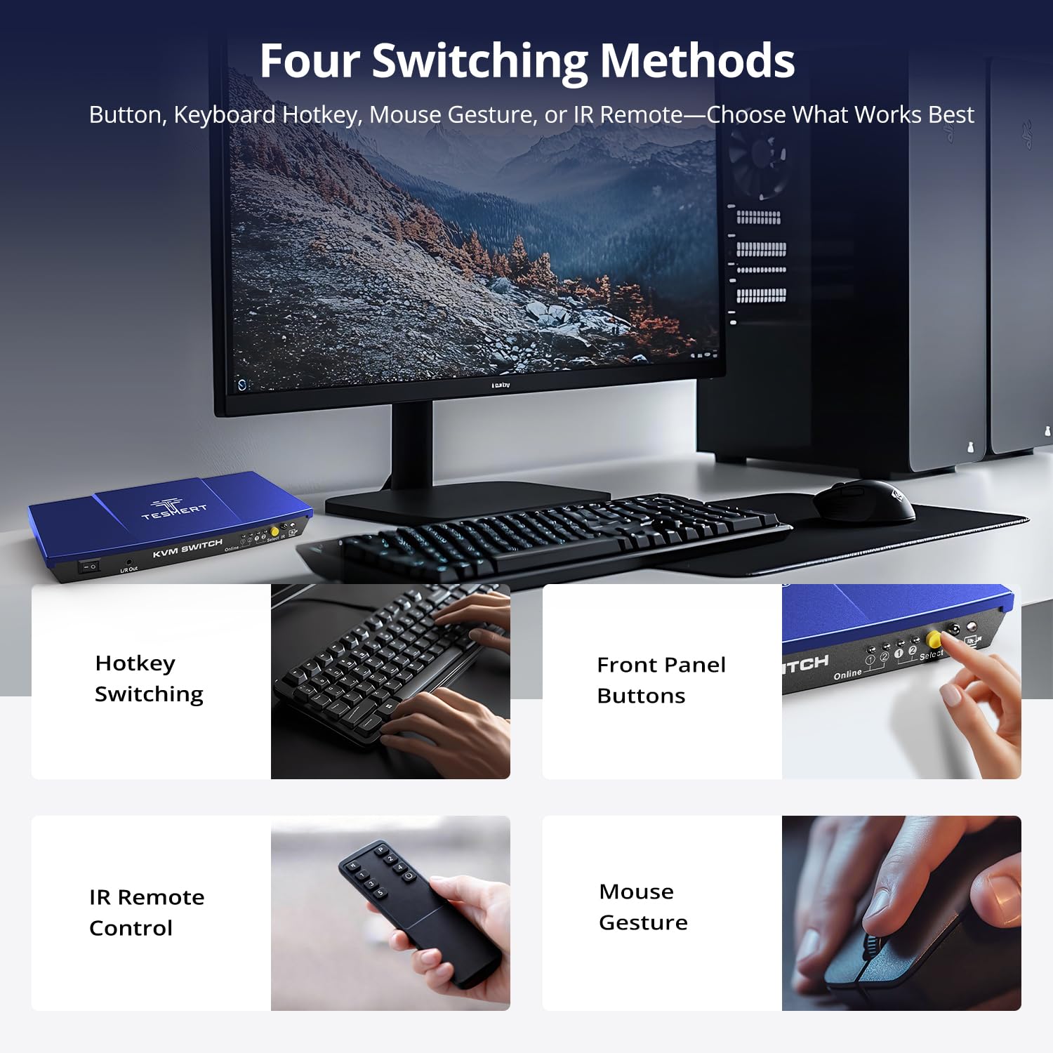 HDMI KVM Switch 1 Monitor 2 Computers, 4K@60Hz KVM Switches for 2 PC Sharing Monitor Keyboard Mouse, with EDID, L/R Out, HDR10 Dolby Vision, USB, Auto Scan, IR Hotkey Switch, 2 1.5m KVM Cable