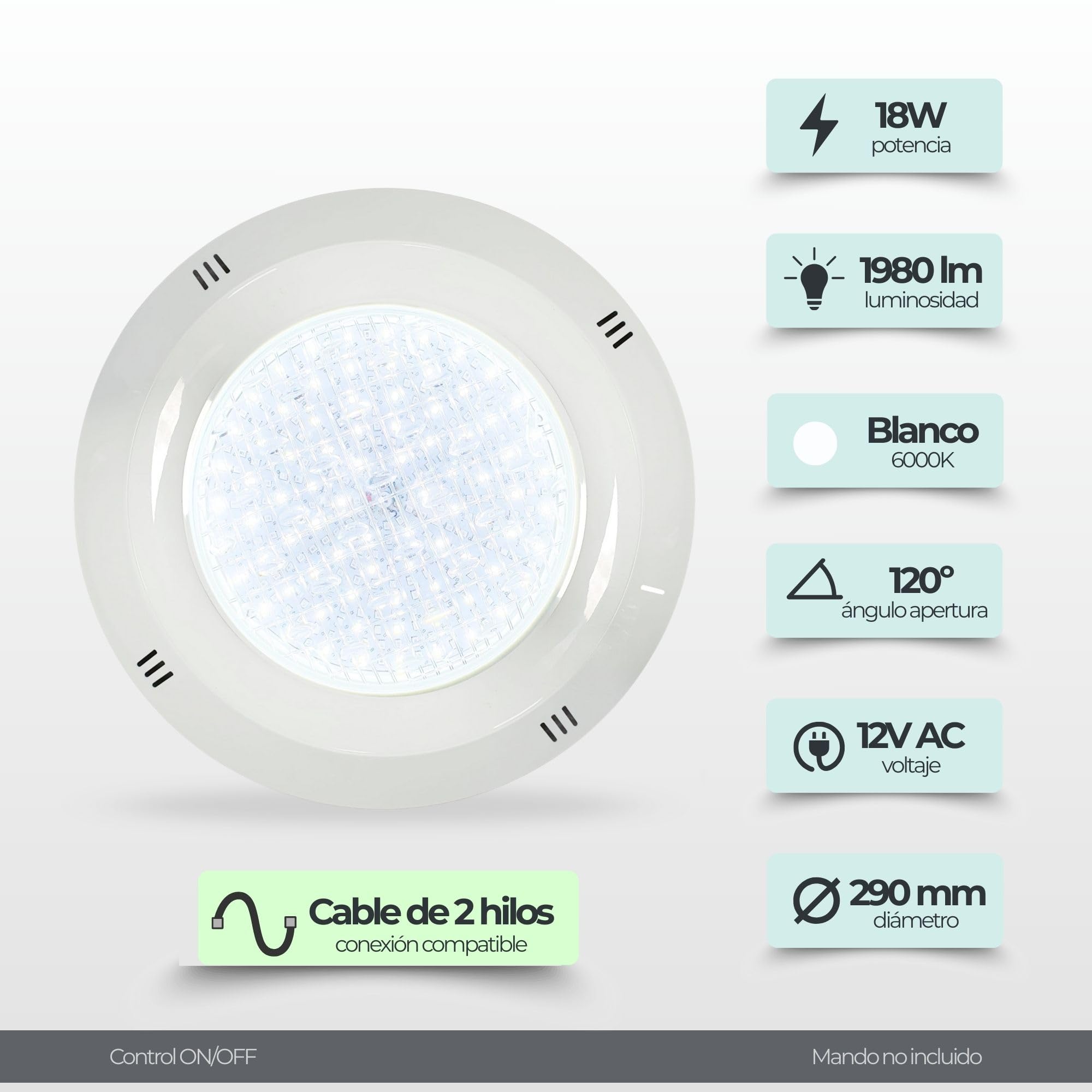 SWIMHOME Warmpool Foco LED Piscina Superficie 18W 12V AC Blanco Frío 6000K IP68 29cm Cruceta 4 Tornillos