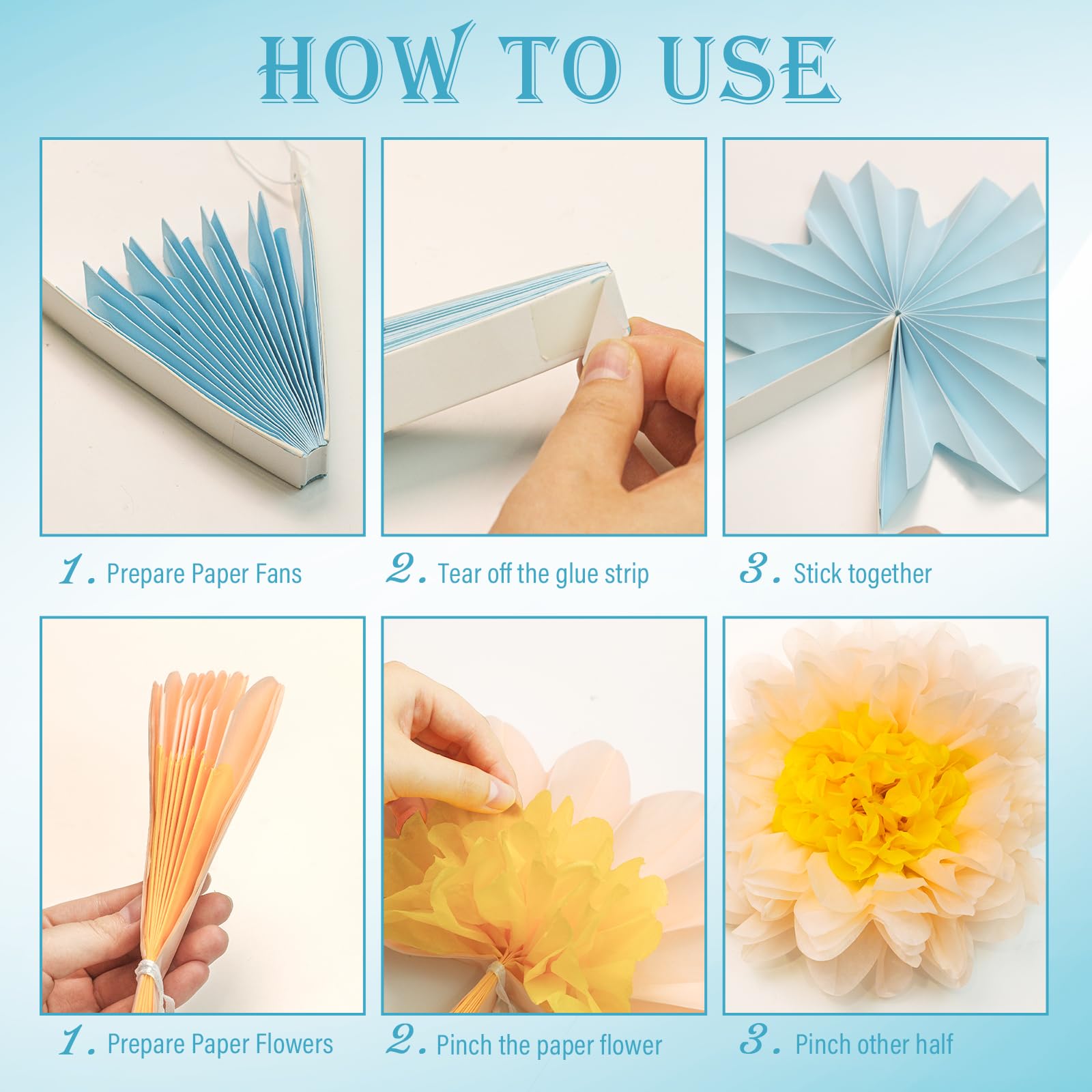 15 abanicos de papel de flores de papel azul y amarillo, flores de papel de seda para decoración de fiesta para graduación, cumpleaños, baby shower, boda, compromiso, decoración de pared (azul