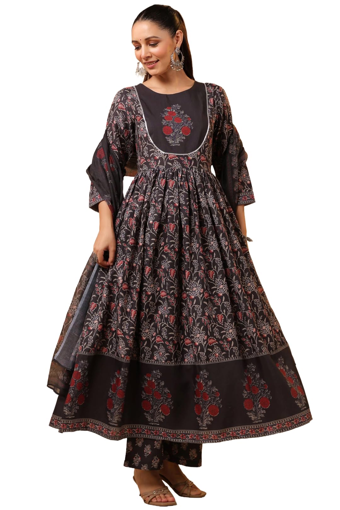 Women's Rayon Viscose Anarkali Printed Kurta with Trousers and Dupatta
