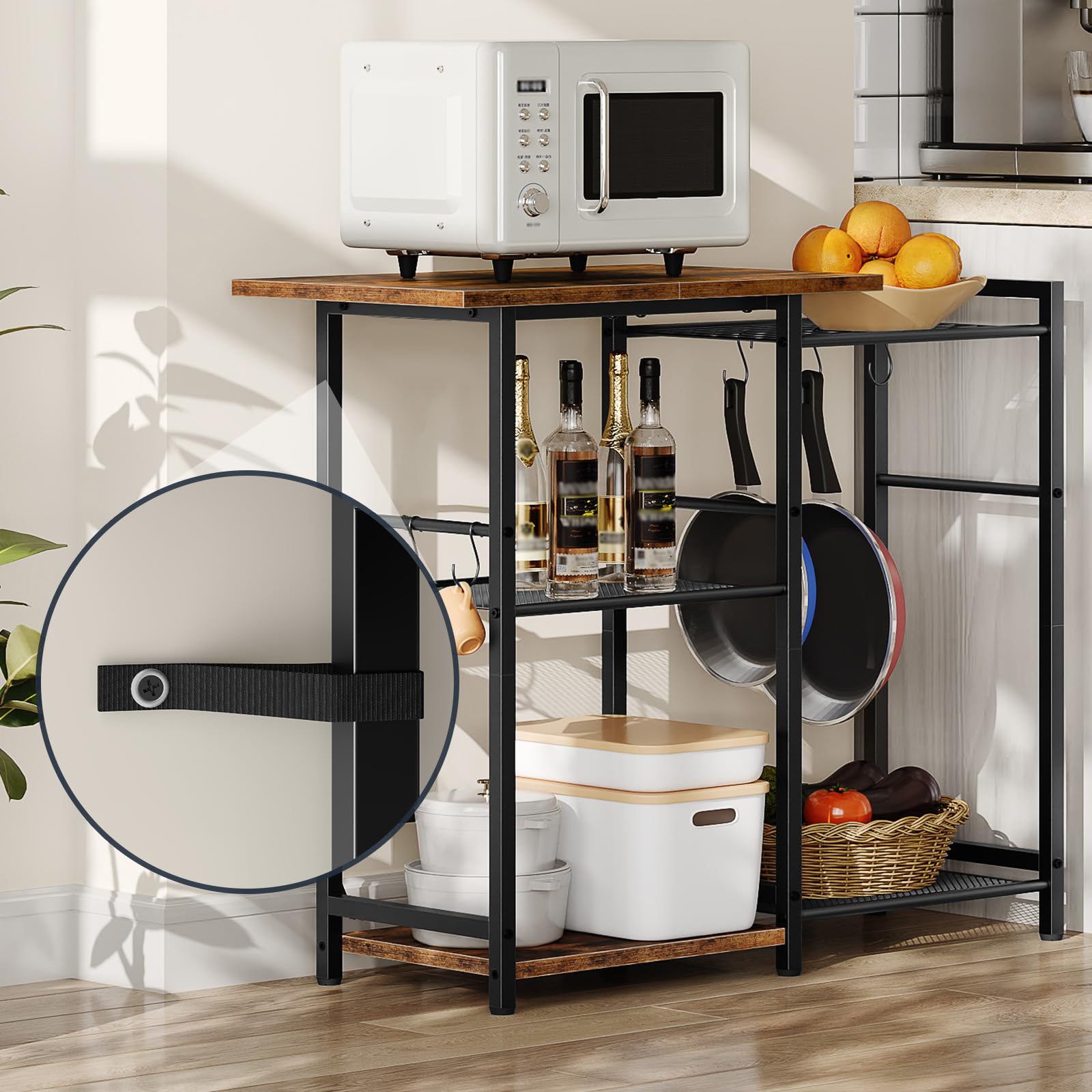 HOOBRO Estantería de Panadería, Organizador de Cocina, Estante de Microondas, Estación de Bar de Café, para Espacios Pequeños, Comedor, Marrón Rústico y Negro EBF15HB01