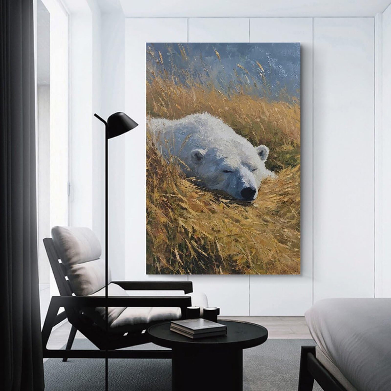 Junmoney Wall Art Print Polar Bear Sleeping in Tall Grass, 12x18inch(30x45cm), for Study, Office Or Focused Interiors, Decorative Artwork for Productive Spaces