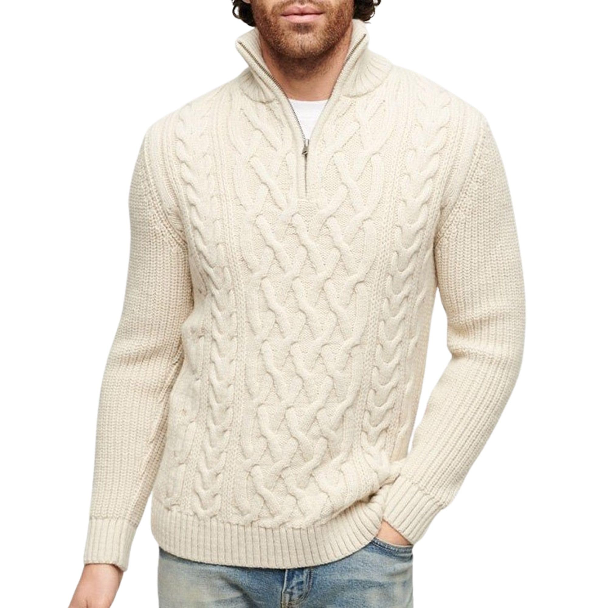 Superdry Men's Cream Jacob Cable Knit Half Zip Sweater - Large