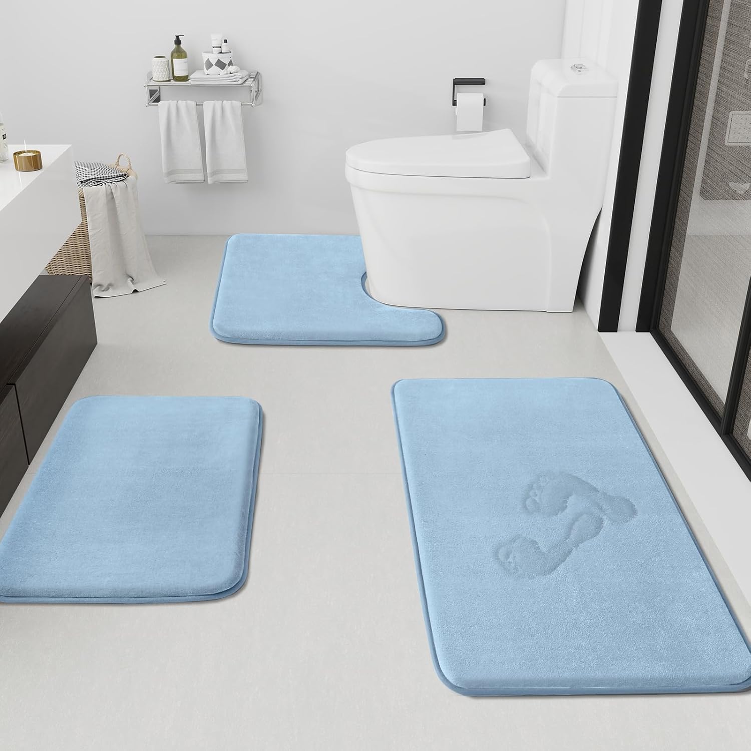 HUXMEYSON Bathroom Rugs Sets 3 Piece, Non-Slip & Quick Dry Bath Mat Set, Ultra Soft Velvet Bath Rugs for Bathroom, Toilet and Shower Floor, Light Blue