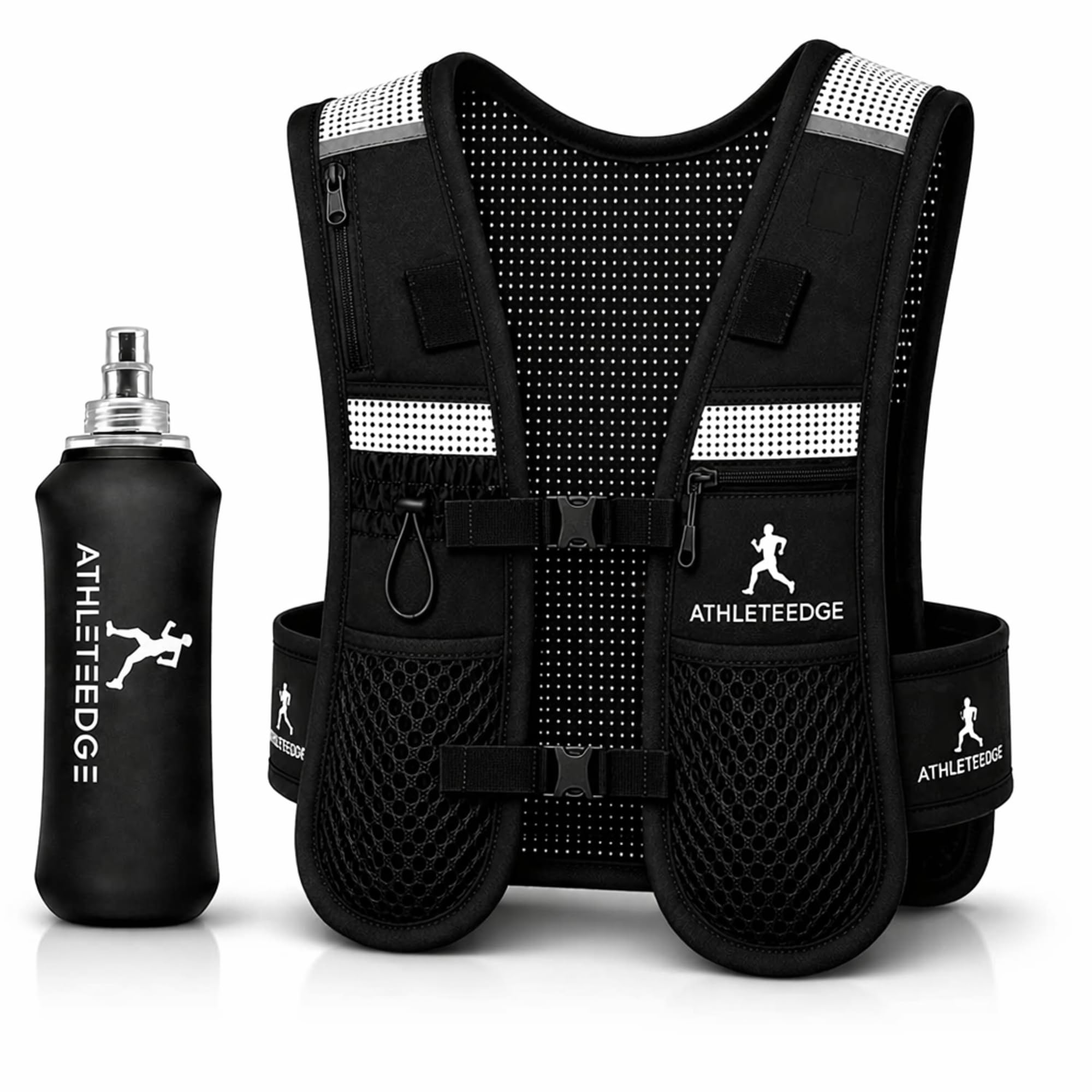AthleteEdge Running Vest for Women Men โ Lightweight Adjustable Running Vest with 500ml Water Bottle, Phone Holder, Reflective Strips, Waterproof Pouch, Hydration Vest (Vest+Bottle)
