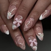 Press on Nails - 24pcs Almond Stick on Nails - 12 Sizes Fake Nails with Glue - French Tip False Nails with 3D Bow Pearl Patterns - Full Cover Elegant Ballet Acrylic Nails Nail Art Accessories