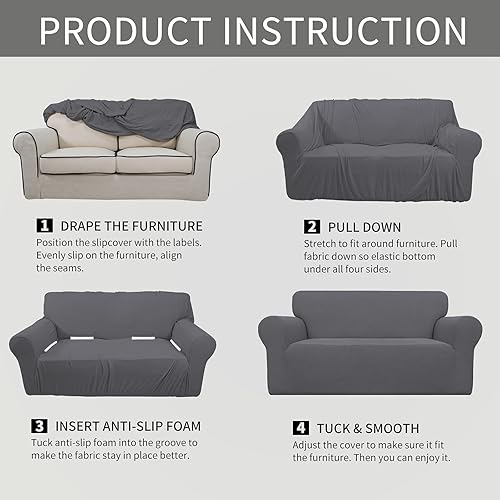Vista 732 de Easy-Going - Funda elástica para sofá biplaza, 1 pieza, suave, con parte inferior elástica, protector para niños, tela jacquard de elastano y Gris
