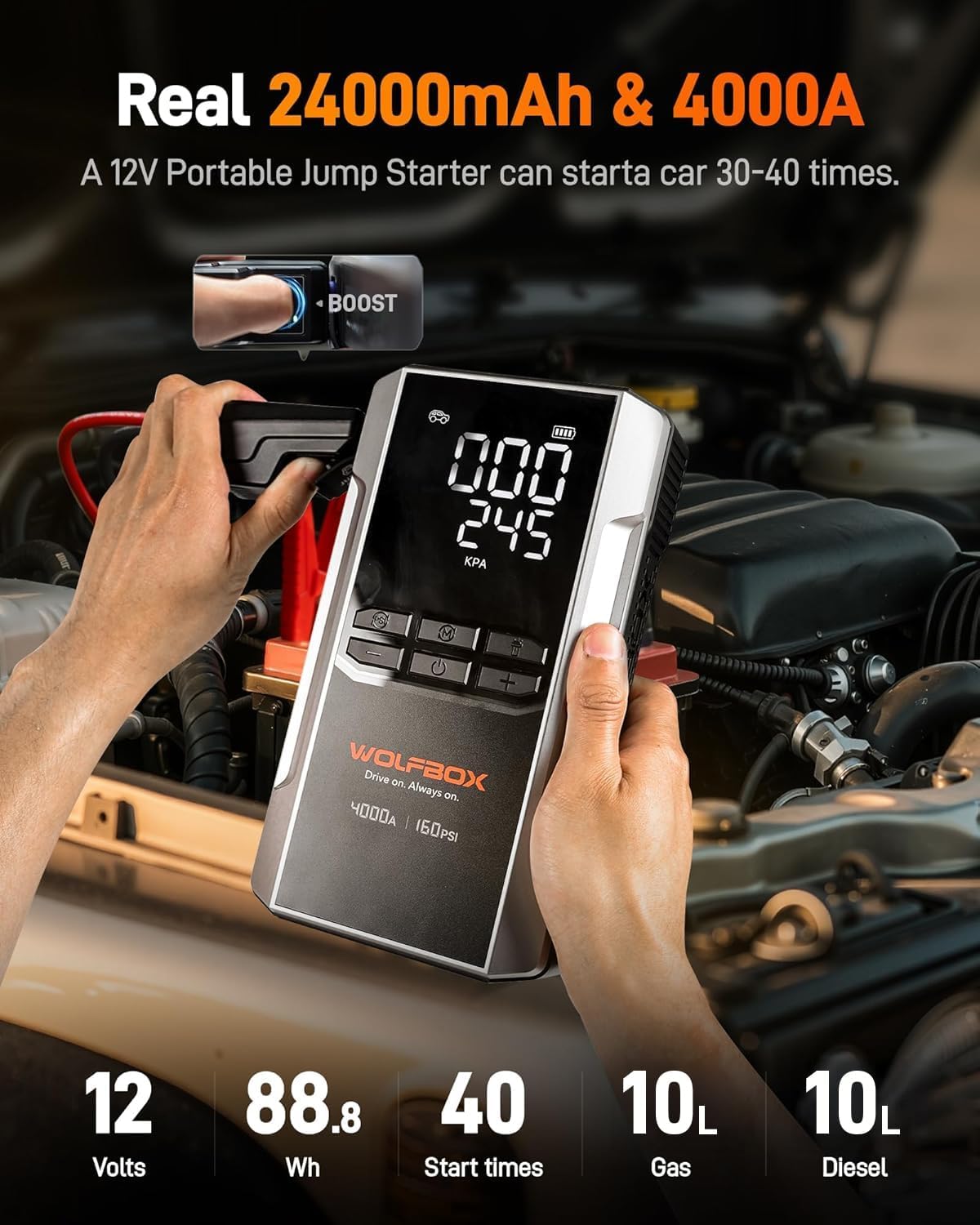 WOLFBOX 4000A Jump Starter with 160PSI Air Compressor, 12V Car Battery Booster, 65W Fast Charge, 24000mAh Portable Tire Inflator, LED Display for 10L Gas & 10L Diesel Engines, LED Light, Jumper Cables 4000A&24000mAh image 3 of 9 B0DWRYJWKG
