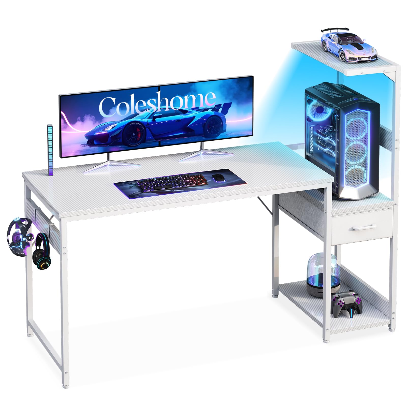 Coleshome 138×48 cm Gaming Desk with LED Lights, Reversible Computer Desk with Drawers & Display Shelves, Gaming Table with Headphone Hook, Carbon Fiber White