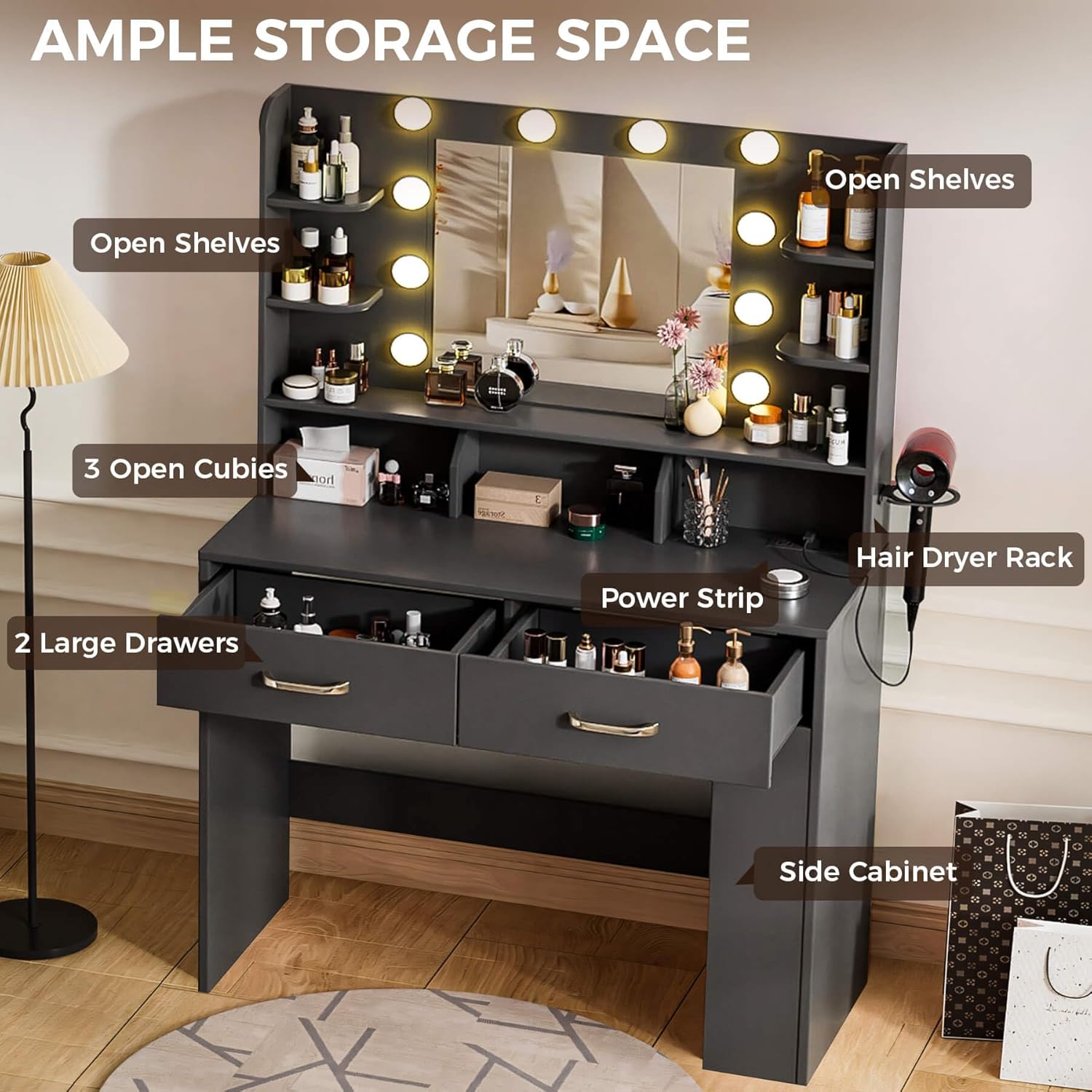 COMHOMA Vanity Desk with ample storage including drawers, shelves, and cubbies