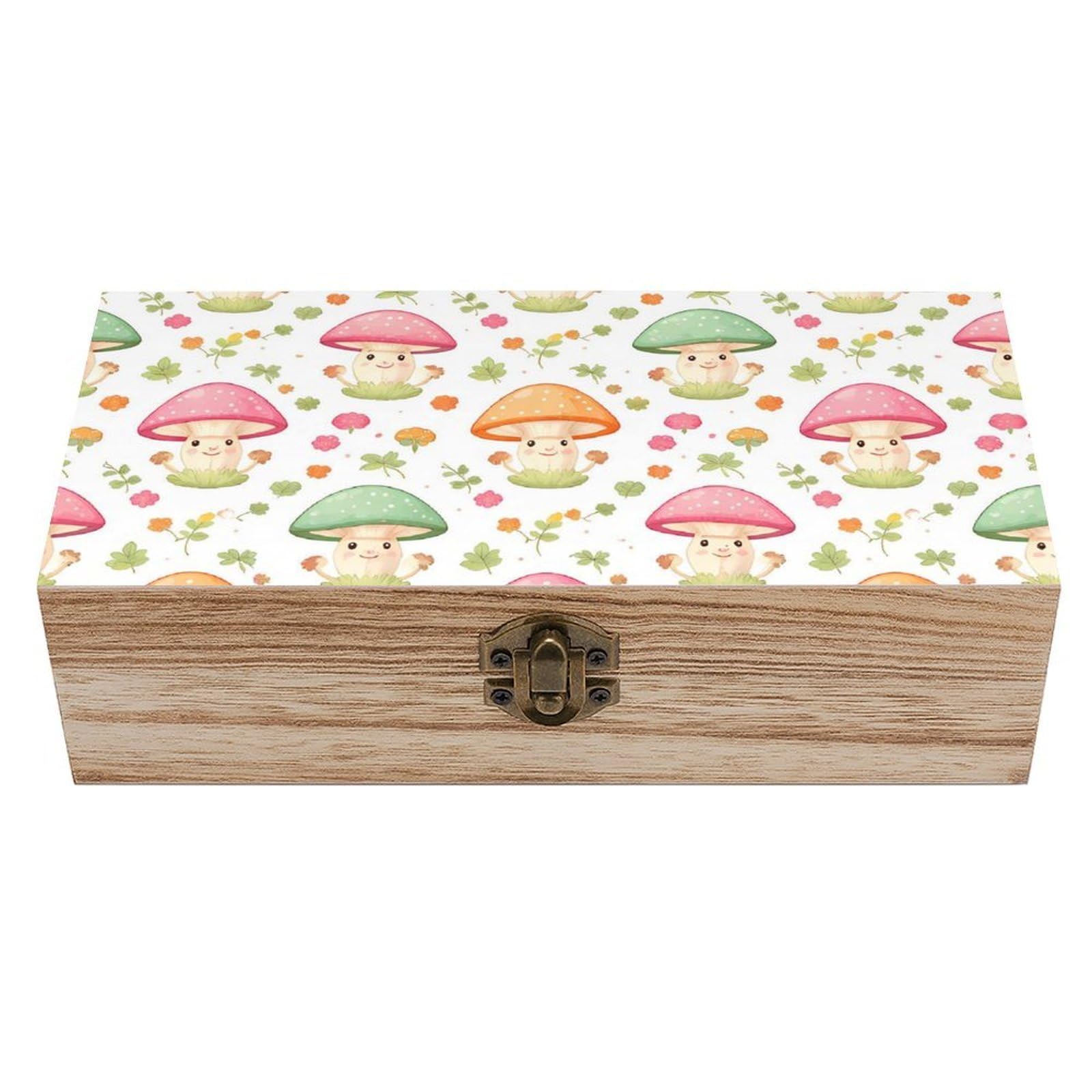 SMAZDFXX Pink Mushroom Wooden Storage Box With Hinged Lid Decorative Front Clasp Keepsake Boxes
