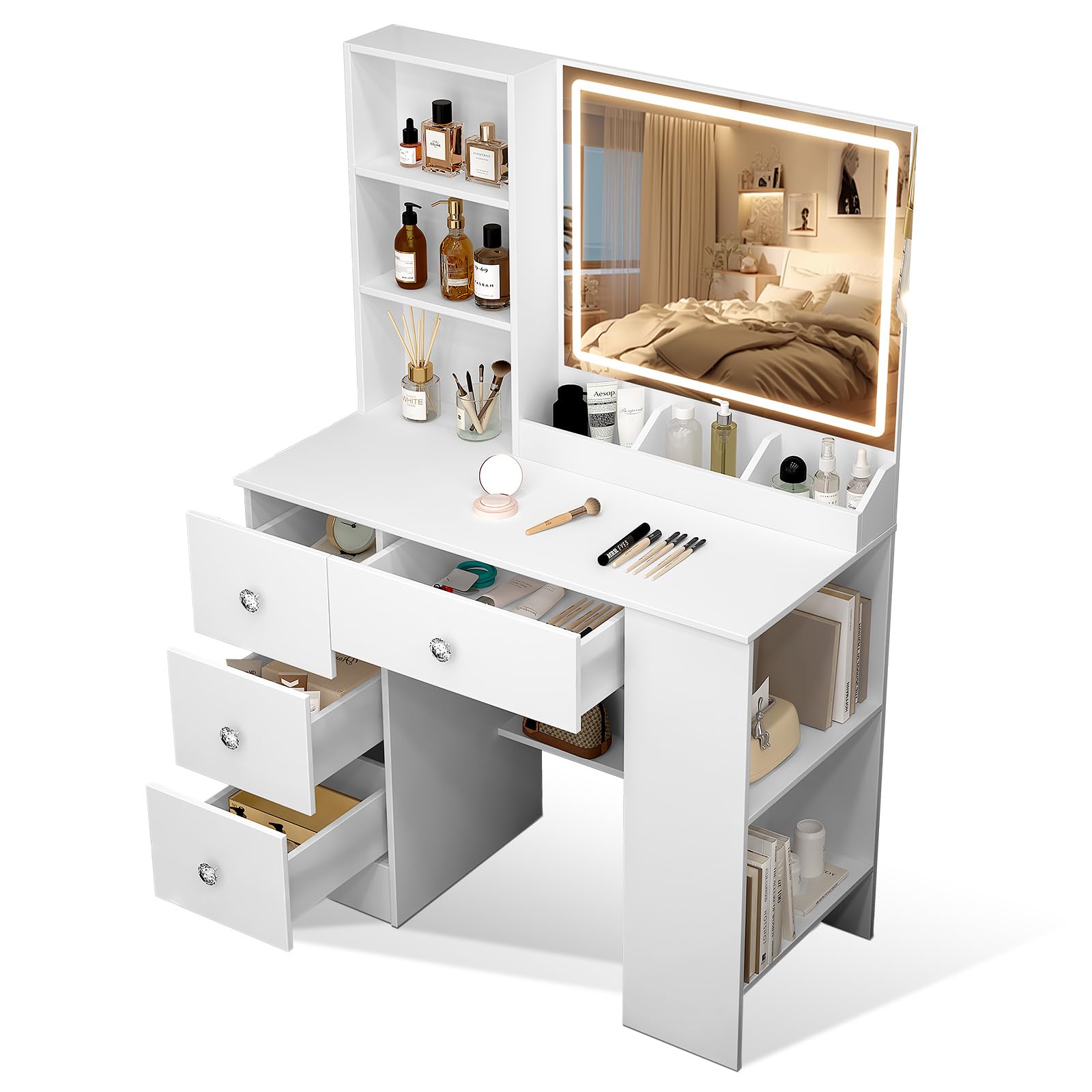 Lestarain LUGIG008 Make-up-tafel met verlichting, kaptafel met spiegel en 2 grote laden, moderne kaptafel voor slaapkamer, wit, 90 x 137,5 x 45 cm