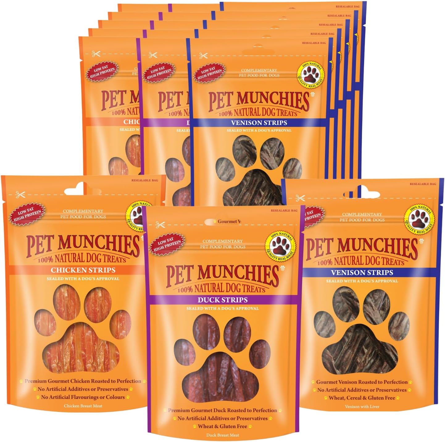 โ Pet Munchies Meaty Strips Bundle for Dogs, Multipack with Chicken, Venison, Duck Flavour, Natural Real Meat Dog Chew Treats, 18 Variety Bags, 255g