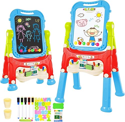 Miniatura 8 de Amagoing Caballete para niños, caballete de arte ajustable para niños pequeños, tablero de dibujo de doble cara con accesorios de pintura, juguete