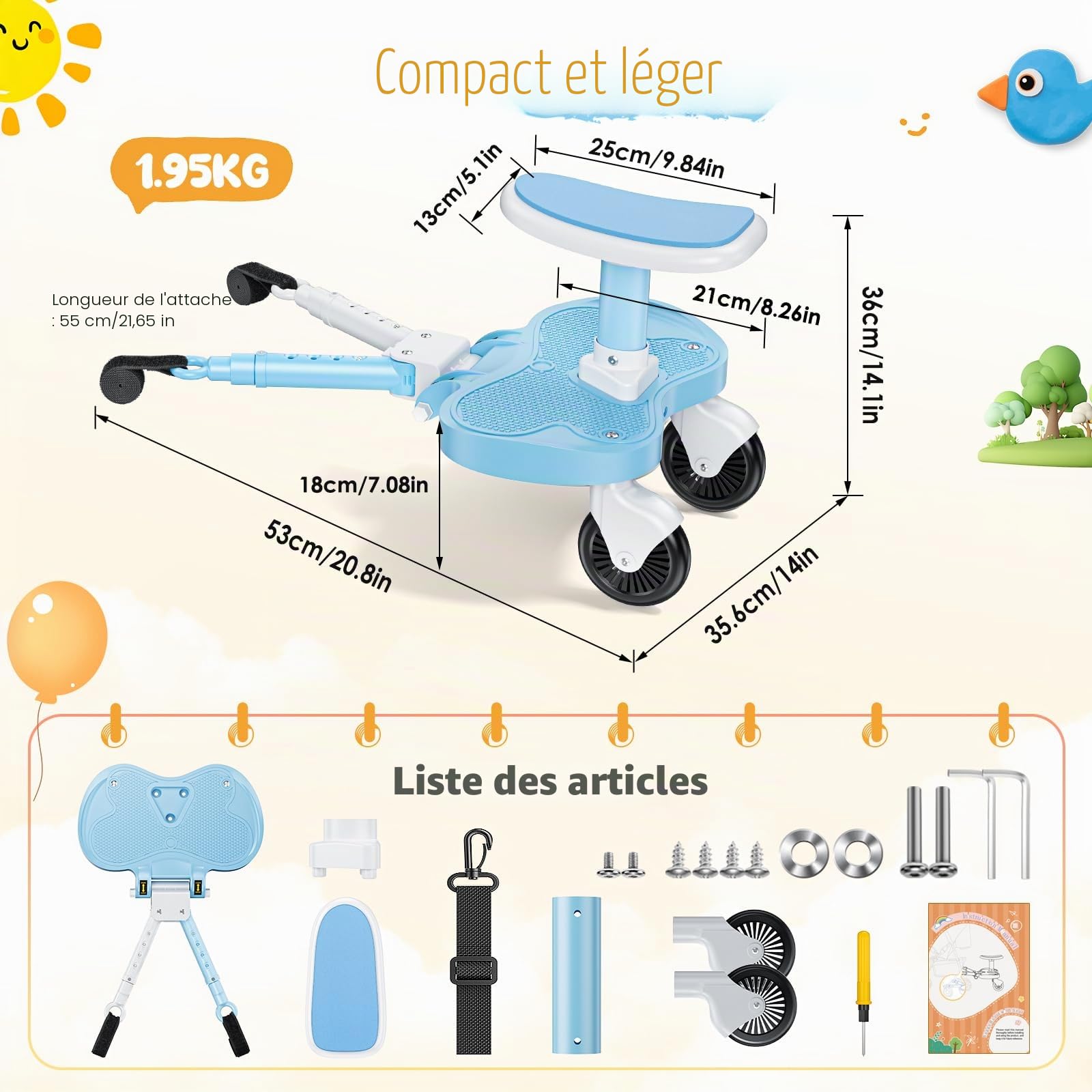 Planche Poussette Universelle Bleu Ciel, Marche Pied Poussette Universelle avec Siège, Compatible 99% des Poussettes, Planche à Roulettes pour Enfants 2-6 Ans (25KG)
