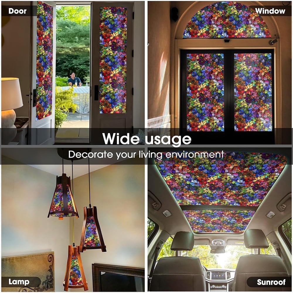 16“x118 Colorful Stained Glass Double Side Window Films Art Decorative Window Privacy Tinting Film Self-Adhesive Static Glass Window Clings Stickers for Living Room Bathroom Glass Windows Decor