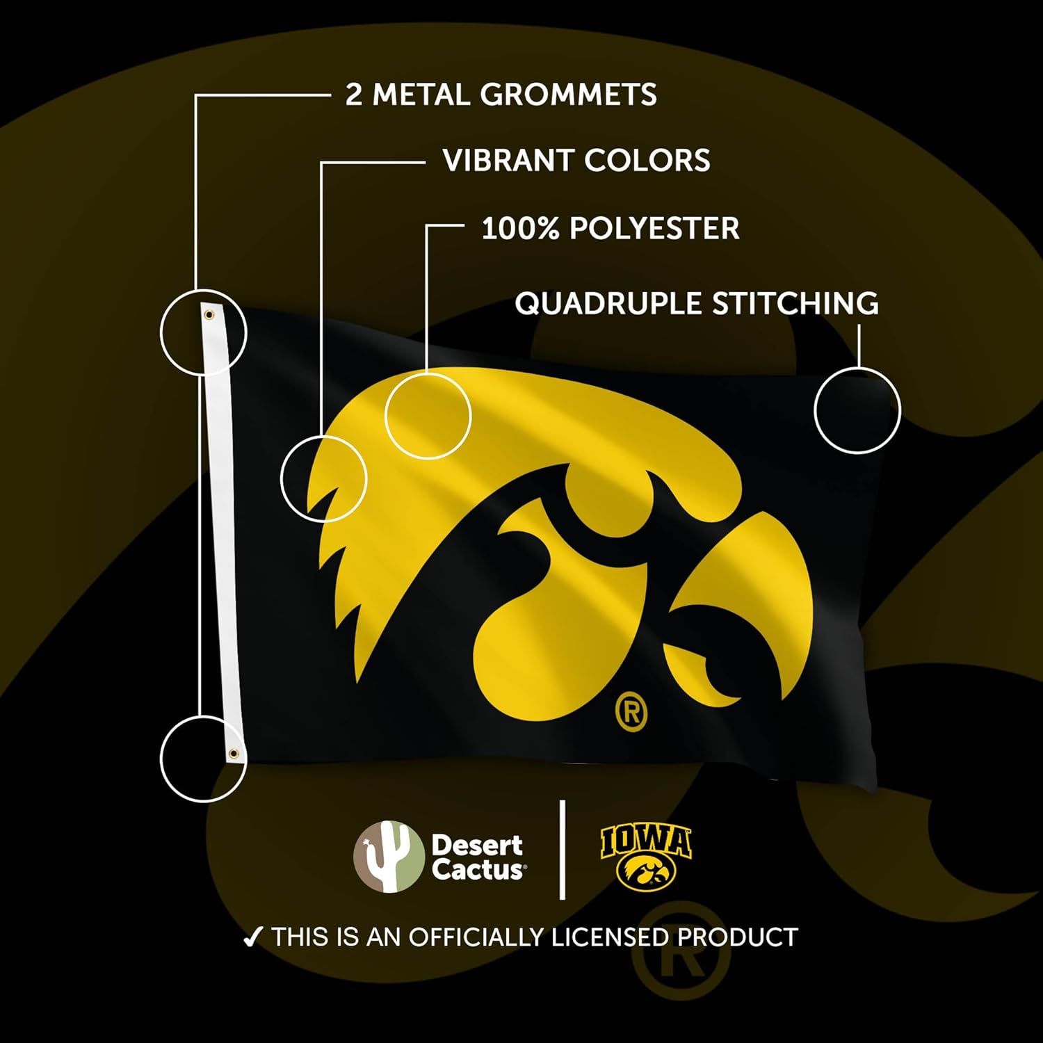 Desert Cactus University of Iowa UI Flag - 3 x 5 Feet Hawkeyes Banner, Indoor/Outdoor Durable Fabric, 100% Polyester Design (Style 1) - Image 4