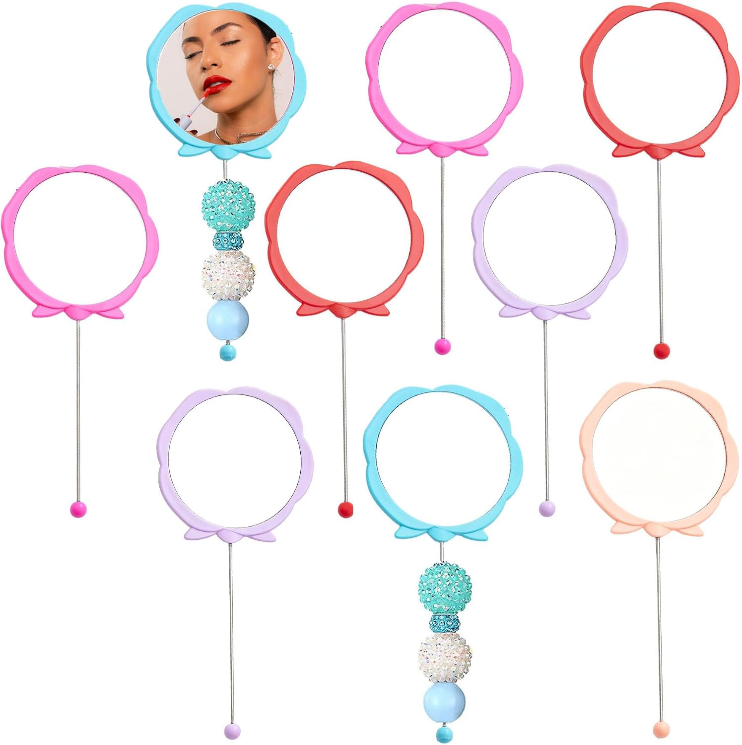 10 Pack Beadable Mirrors with Blank Bar Cute Travel Makeup Handheld Mirror Cosmetic Dazzling Mirror Portable Hand Mirrors for Women DIY Jewelry Making Beaded Crafts (Rose)