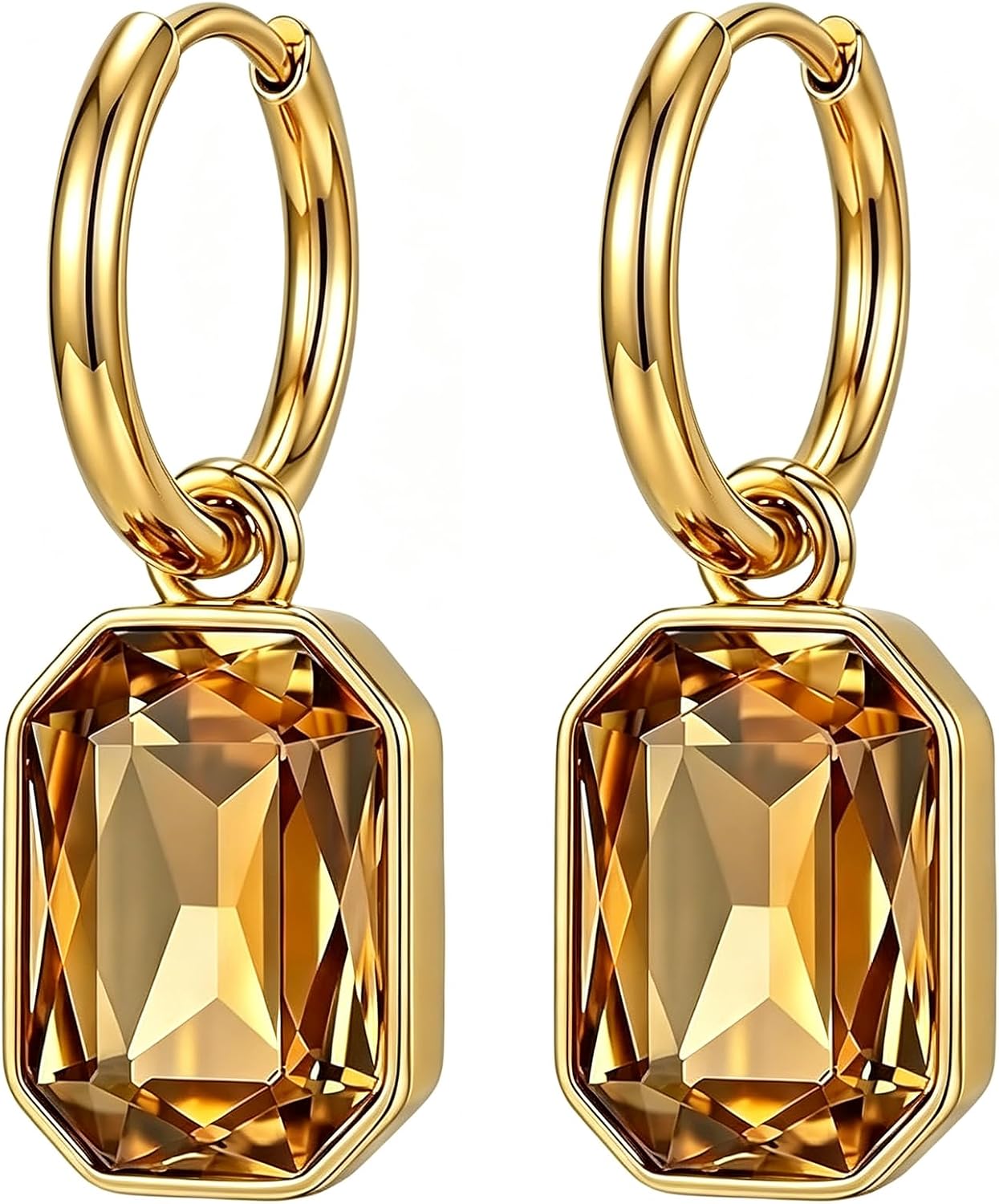Geometric Rectangular Drop Earrings for Women, Brown Crystal Gemstone Hoop Dangle Earrings, Gold-Tone Jewelry for Daily Wear, Office and Formal Events