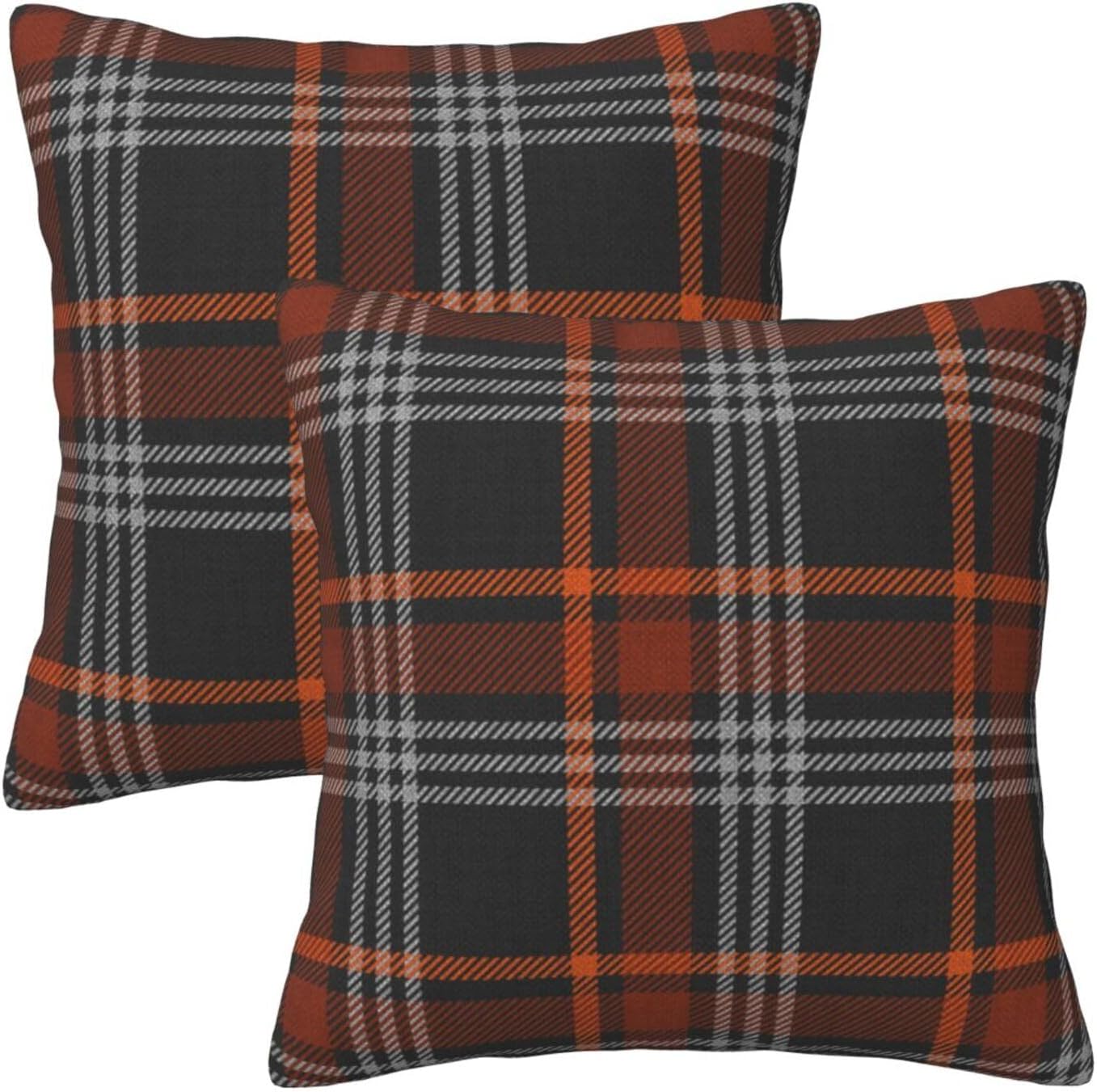 HOSTECCO Orange Plaid Throw Pillow Covers 18x18 inch Set of 2 Fall Fluffy Pillow Cases Boucle Farmhouse Decorative Cushion Covers for Sofa Couch Bed Home
