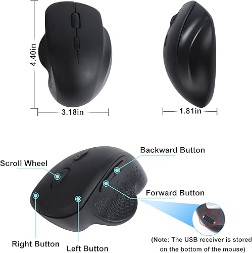Miniatura 5 de Ratón inalámbrico vertical ergonómico Bluetooth recargable óptico de modo dual inalámbrico con 3 DPI (800-1200-1600), cómodo y silencioso portátil