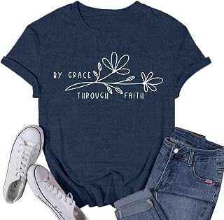 Womens Christian Shirt Christ Faith T-Shirts Bible Verse by Grace Through Faith Tee Tops