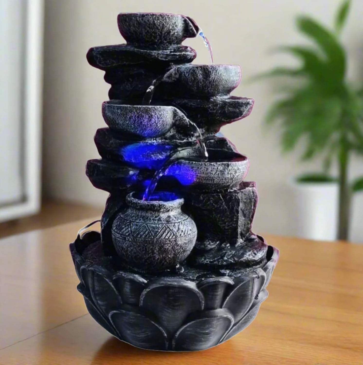 ALILA Water Fall Fountain for Home Decor Living Room Table Top Indoor Outdoor with LED Lights Decoration Gift Gifting Items, 15inches-image-0