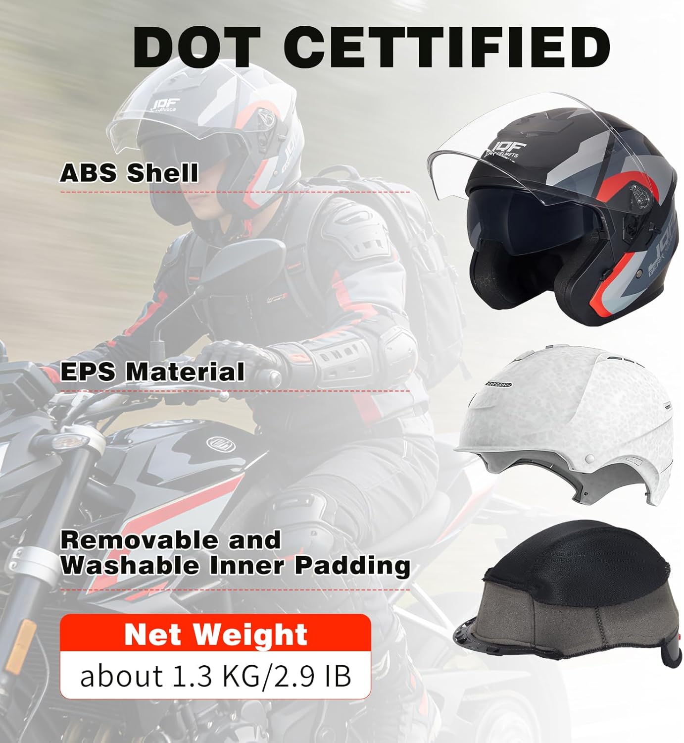 Motorcycle Helmets Open Face for Streey Moped Scooter, Dual Visor 3/4 Moped Helmets for Adults Motorbike Half Helmet 601 DOT Approved Men and Women