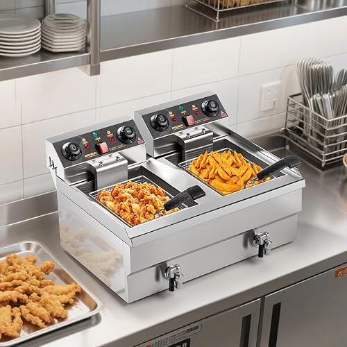 Miniatura 8 de ROVSUN Freidora eléctrica de 24.9 cuartos de galón con cestas de freír temporizador, desagües y tapas, 3400 W de doble tanque para encimera de