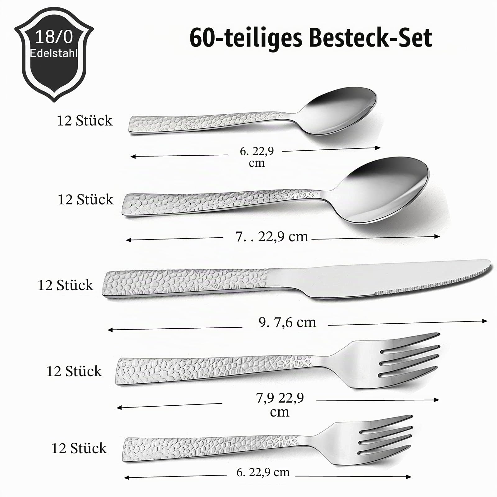 HaWare Gehämmertes Besteck-Set, 60-teiliges Edelstahl-Besteck für 12 Personen, modernes Essgeschirr, Besteck für Küche, Hotel, Restaurant, Party, hochglanzpoliert, spülmaschinenfest