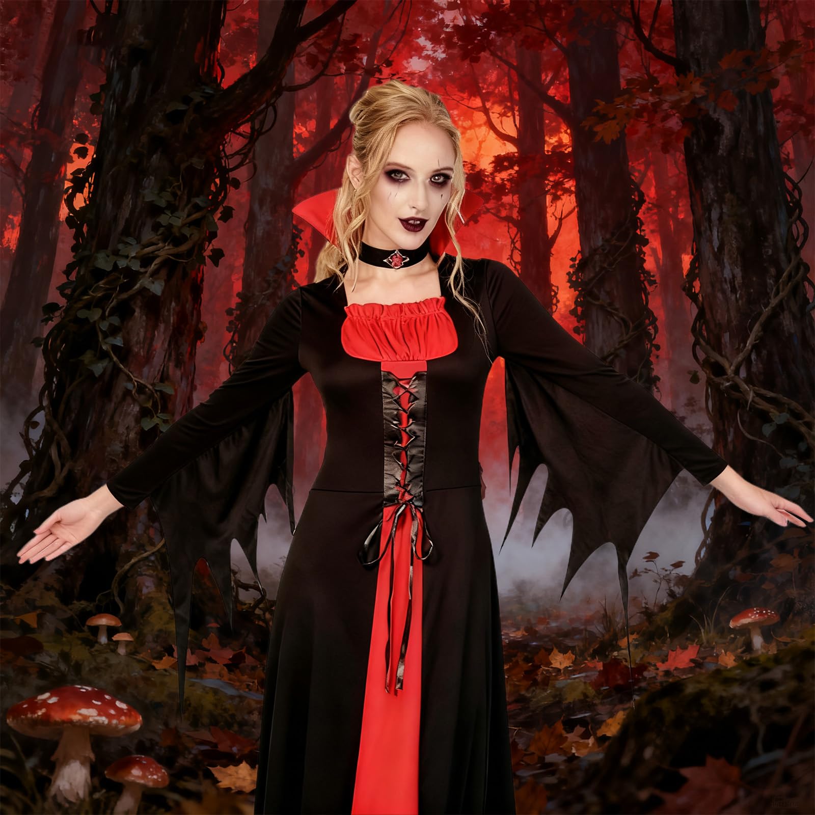 Meriviva Womens Vampire Costume, Halloween Vampire Dress Set including Collar, Witch Costume for Halloween Carnival Party Dress Up (XL) - Image 4