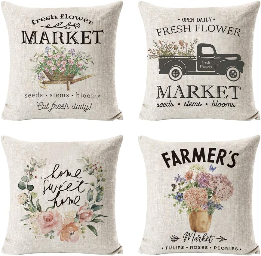 INSHERE Farmhouse Floral Throw Pillow Cover Cotton Linen Decorative Cushion Covers Set of 4 Flower Market Pillowcase Cushion Case for Sofa Bedroom Car 18 x 18 Inch 45 x 45 cm (Flower Market)
