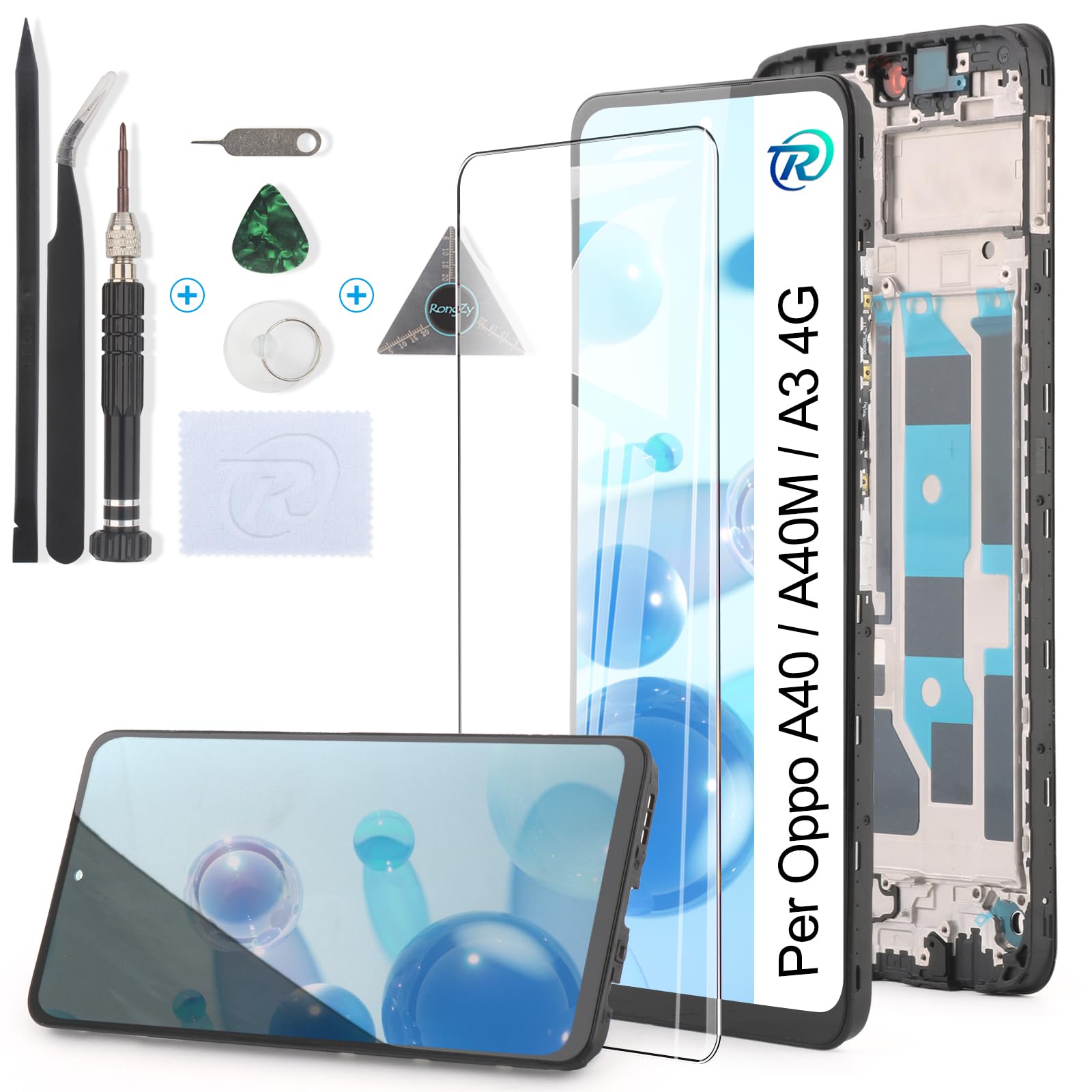 RongZy LCD Schermo per Oppo A40/A40M Display di Ricambio Touch Screen Digitizer Parti di Riparazione per Oppo A3 4G CPH2669 CPH3669 LCD Display con Strumenti(Nero con Cornice, 6.67")