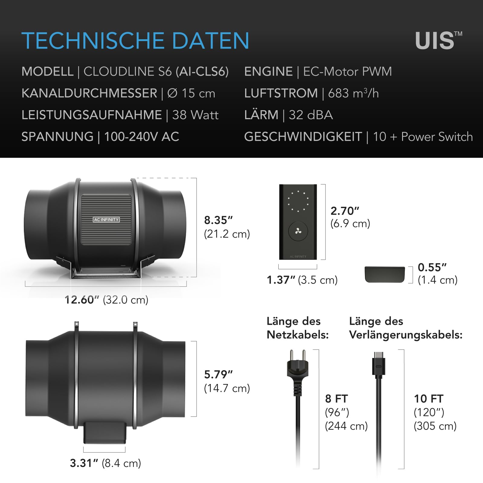 AC Infinity CLOUDLINE PRO S6 – Leises Inline-Lüftersystem 150 mm mit Drehzahlregler, EC-Motor, für Grow-Zelte und Hydroponik