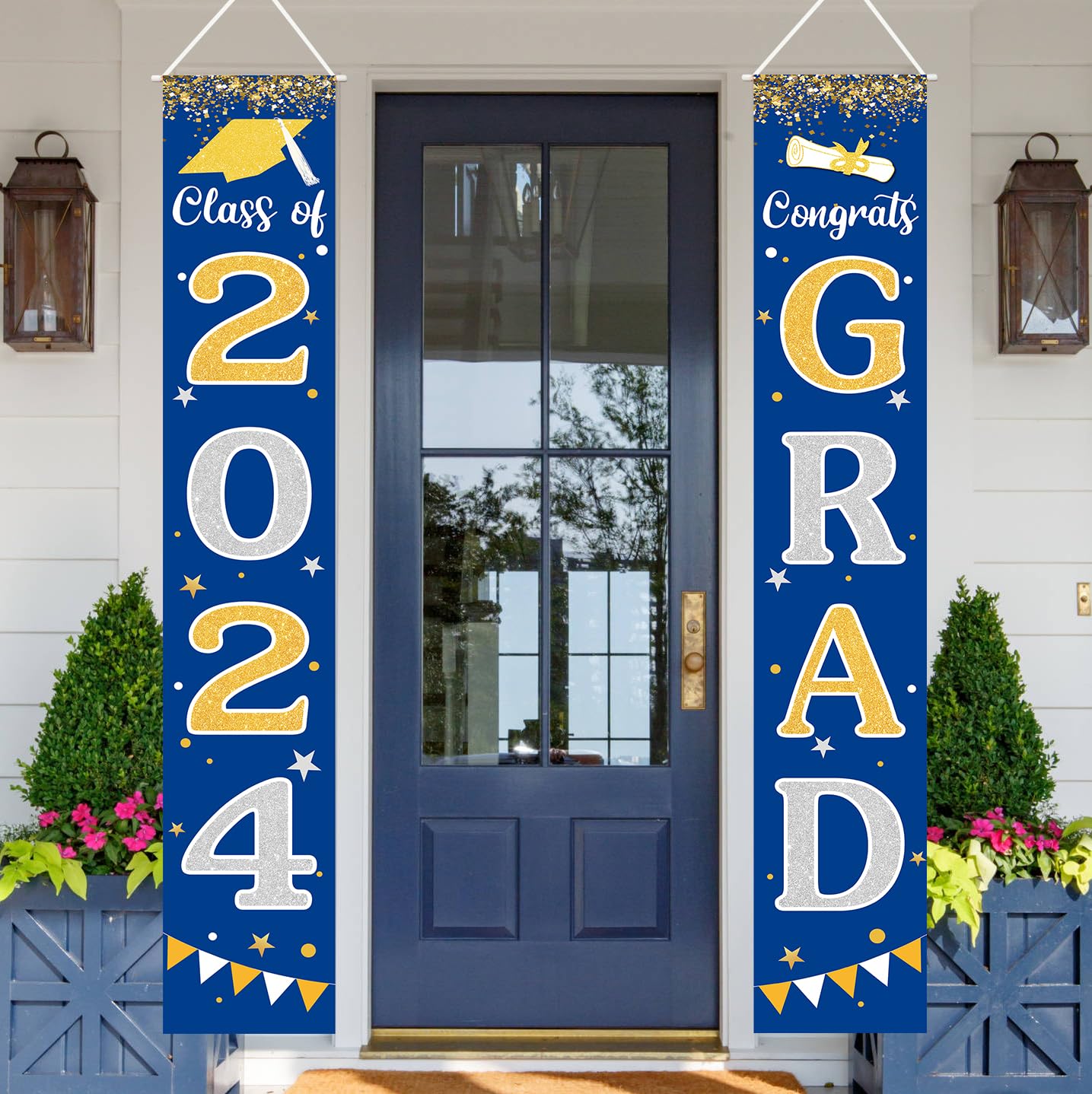 Graduation Decorations 2024 GRAD Banner Blue Porch Door Sign Welcome Banner For Indoor Outdoor Wall Indoor Outdoor Graduation Decorations Class of 2024