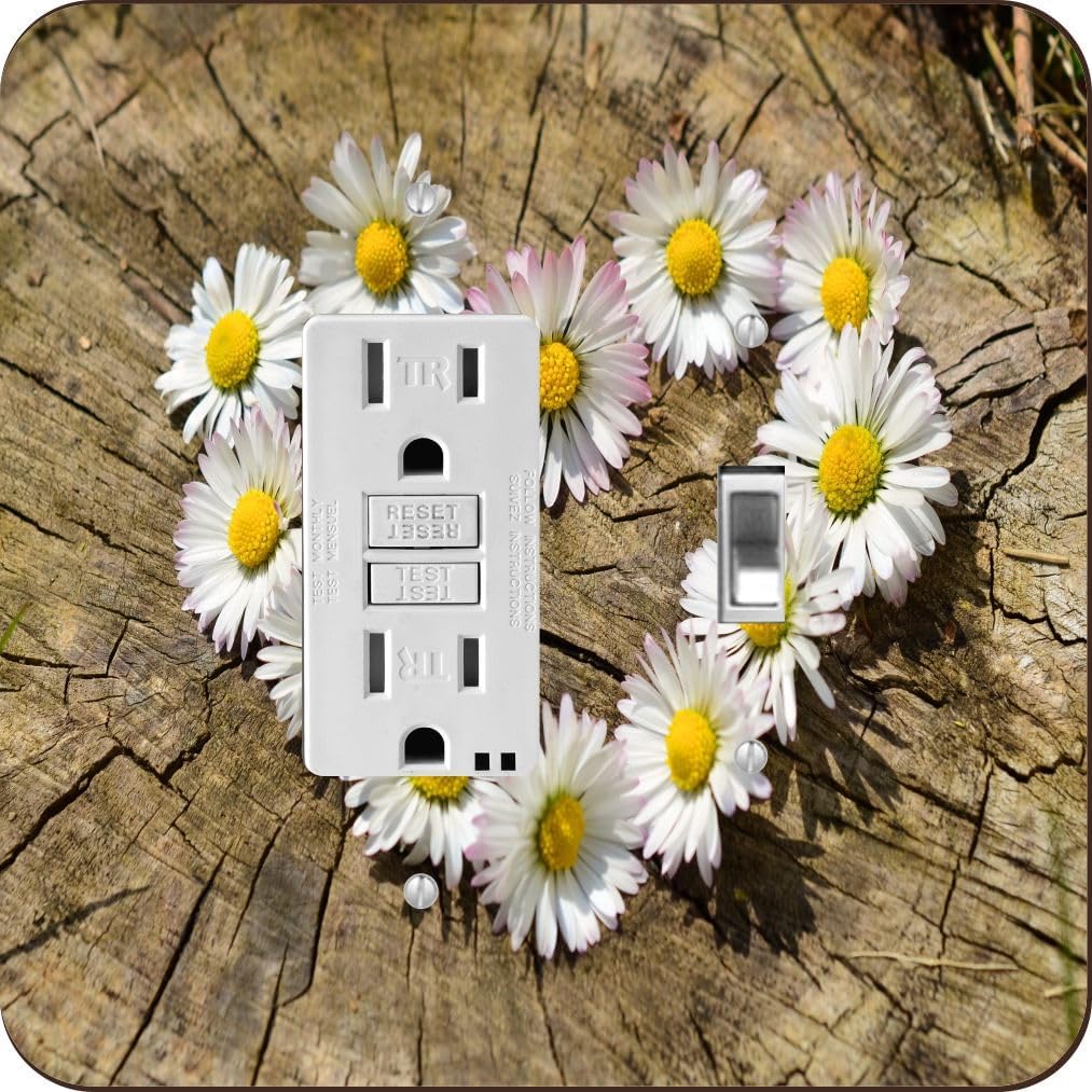 Daisy Heart Flowers on Tree Trunk Wood -Light Switch Plate Cover - Double GFI Double Rocker - Two Gang Switch Plate Cover Switch Plate Cover