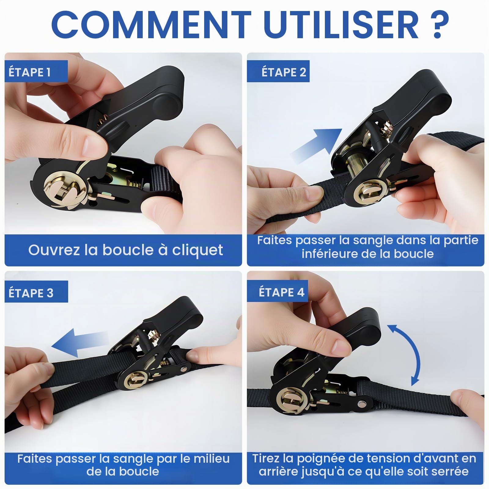 Sangle a Cliquet, 4 Pièces Sangles D'arrimage, 6M x 25MM Sangles à Cliquer, Sangle Arrimage avec Cliquet, pour Moto, Remorque, Camion, Transport de Matériel, Déménagement, Bagage et Camping | Sangle à cliquet avec crochet pour moto, voiture, remorque, tra