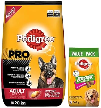 Pedigree PRO Expert Nutrition Active Adult Large Breed Dog (18 Months Onwards), 20kg Pack & All Life Stages Biscrok Biscuits (Above 4 Months), Milk and Chicken Flavor, 900g Pack