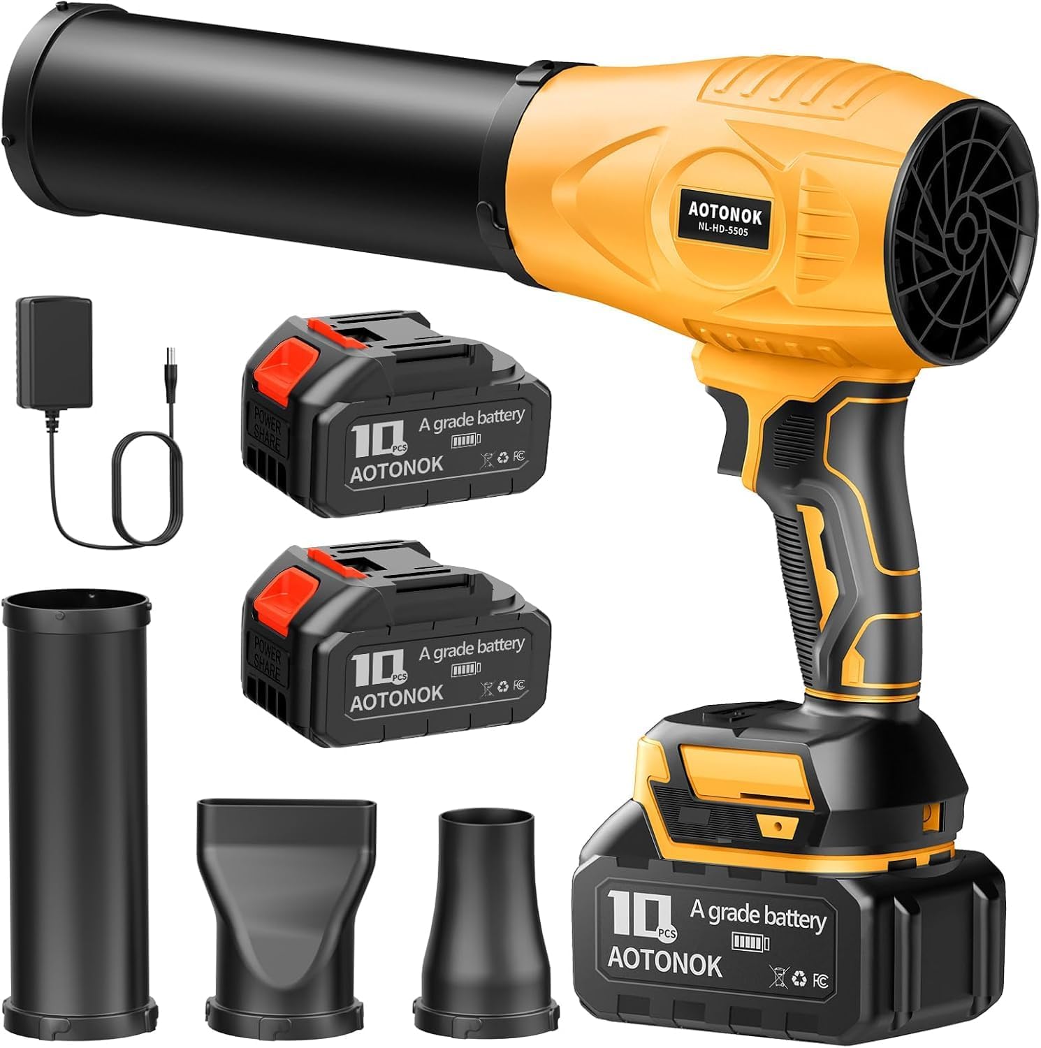 Leaf Blower Cordless, 21V Electric Handheld Leaf Blower with 2×2.0Ah Batteries & Fast Charger, Adjustable Speed, Powerful Airflow, Lightweight for Lawn Care/Yard/Leaves/Dust, Black Yellow