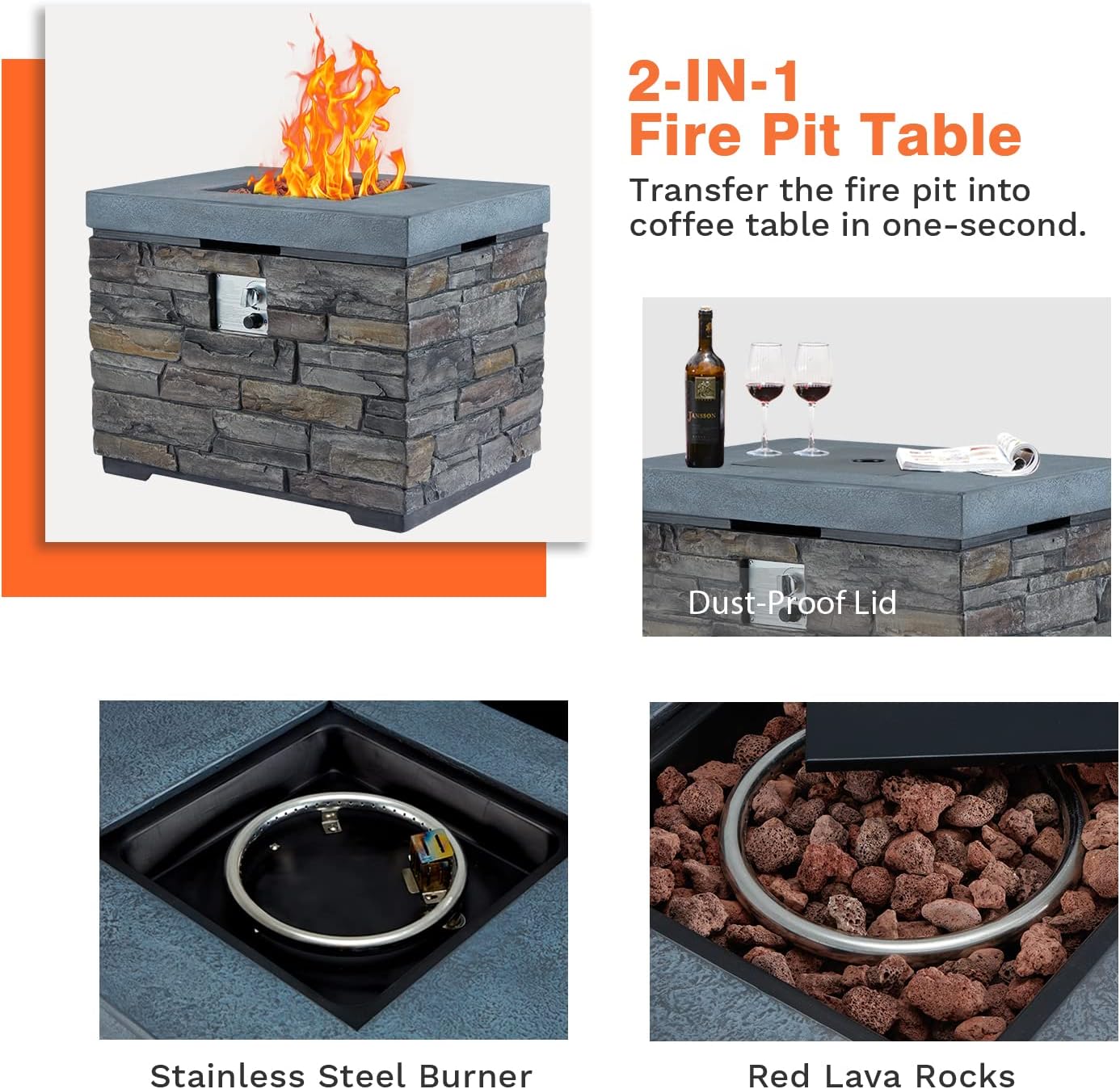 EROMMY 32" Fire Pit Table, 50000 BTU Auto-Ignition Fire Gas Fire Pit, Natural Stone Look Gas Fire Pit Table with Lava Rocks and Rain Cover, CSA Approved, for Patio, Garden
