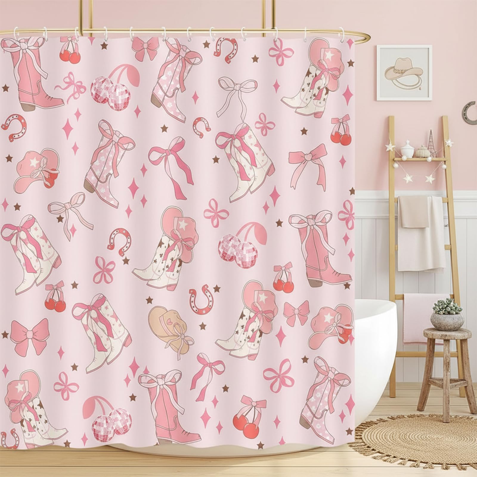 Pink Bow Western Shower Curtain, Cowgirl Cute Bowknot Disco Cherry Bow Boots Caps Shower Curtain Set for Boys Teens Girls, Waterproof Bath Curtain